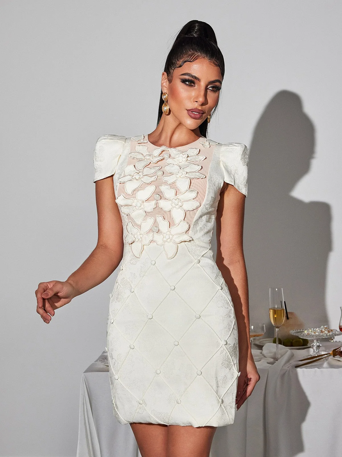 Sophisticated Floral Pearl White Mini Dress