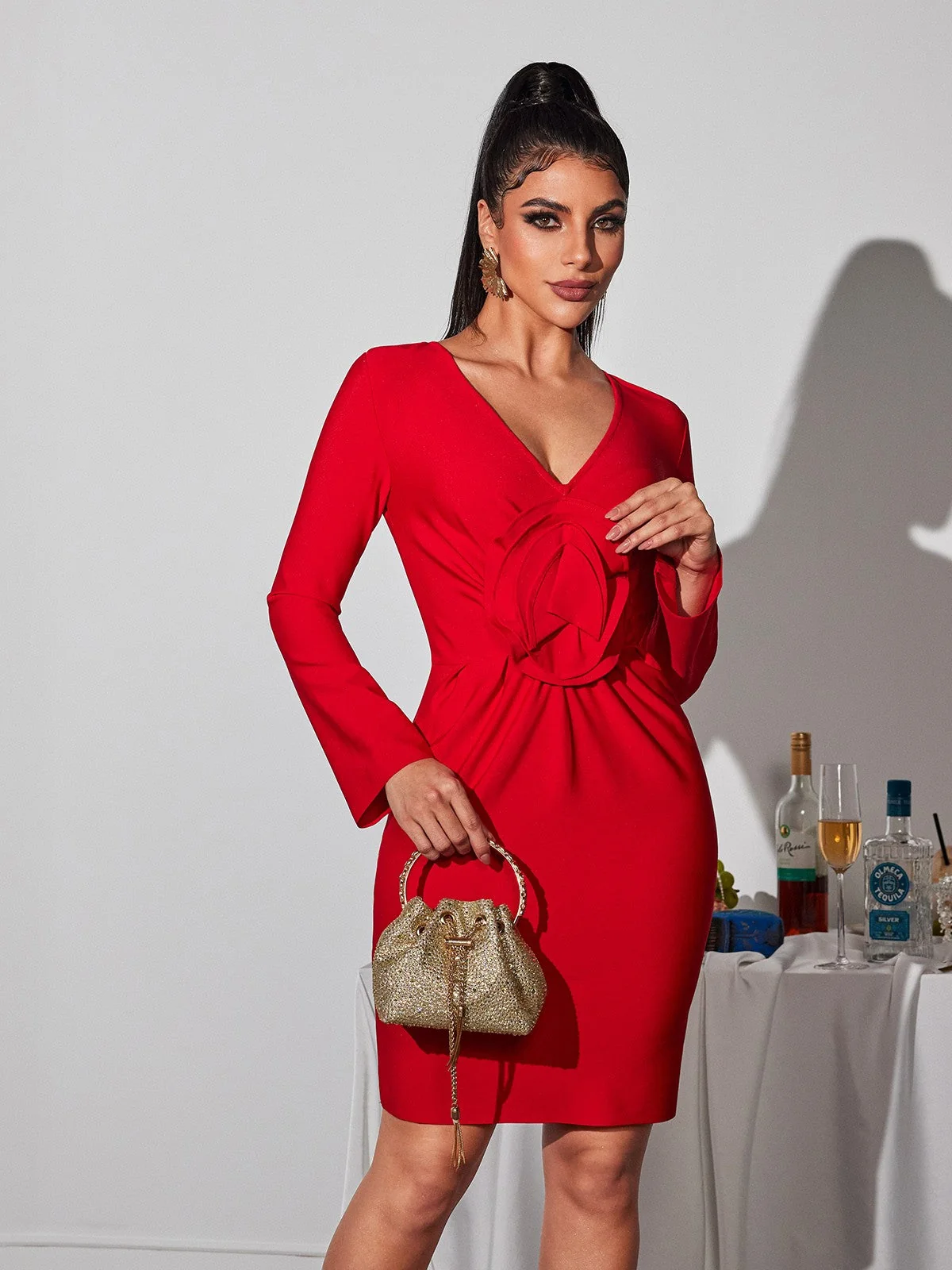 Floral V Neck Mini Dress - Trendy Red V-Neck Cocktail Dress