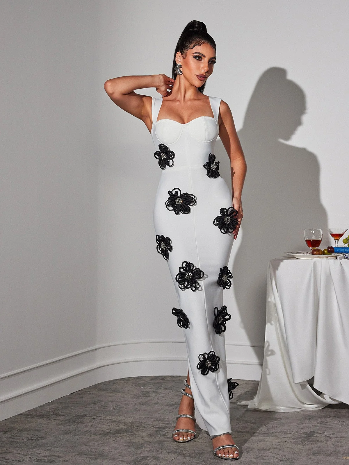 White Crystal Flower Bandage Mini Dress