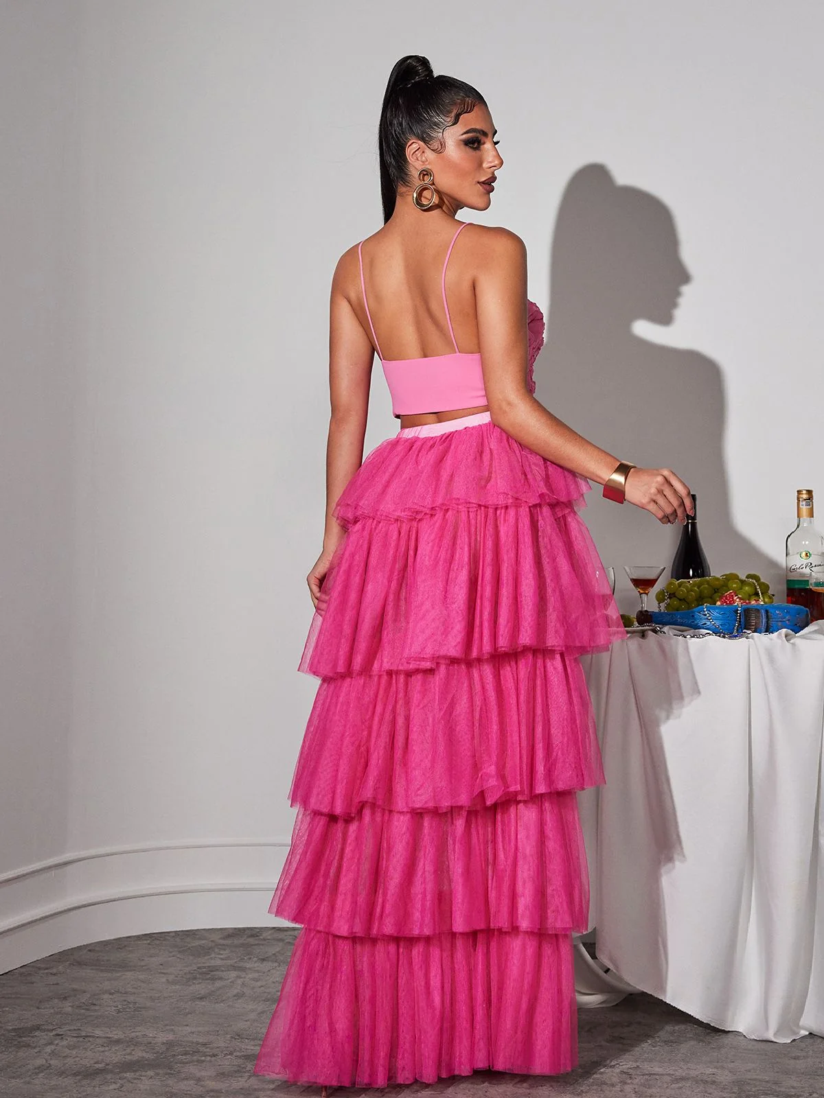 Elegant Tiered Tulle Skirt in Pink | Wang Kuan Skirt