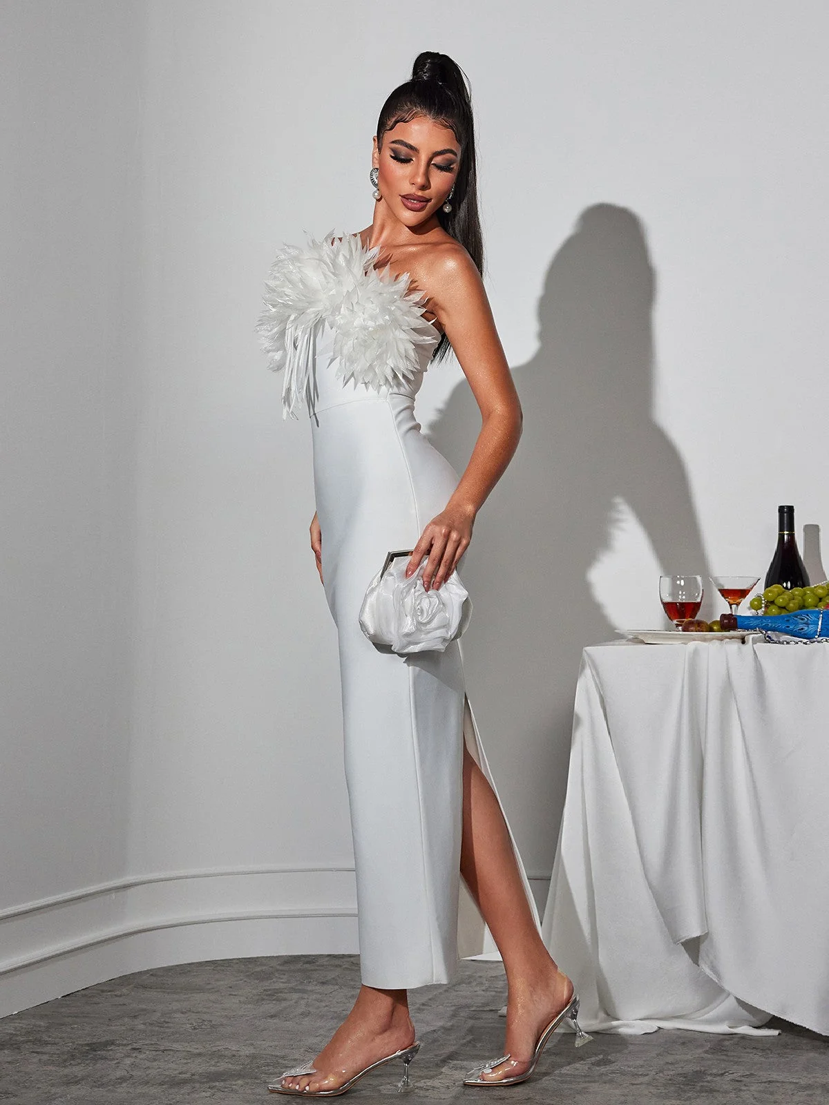 White Flower Fringe Bandage Midi Dress