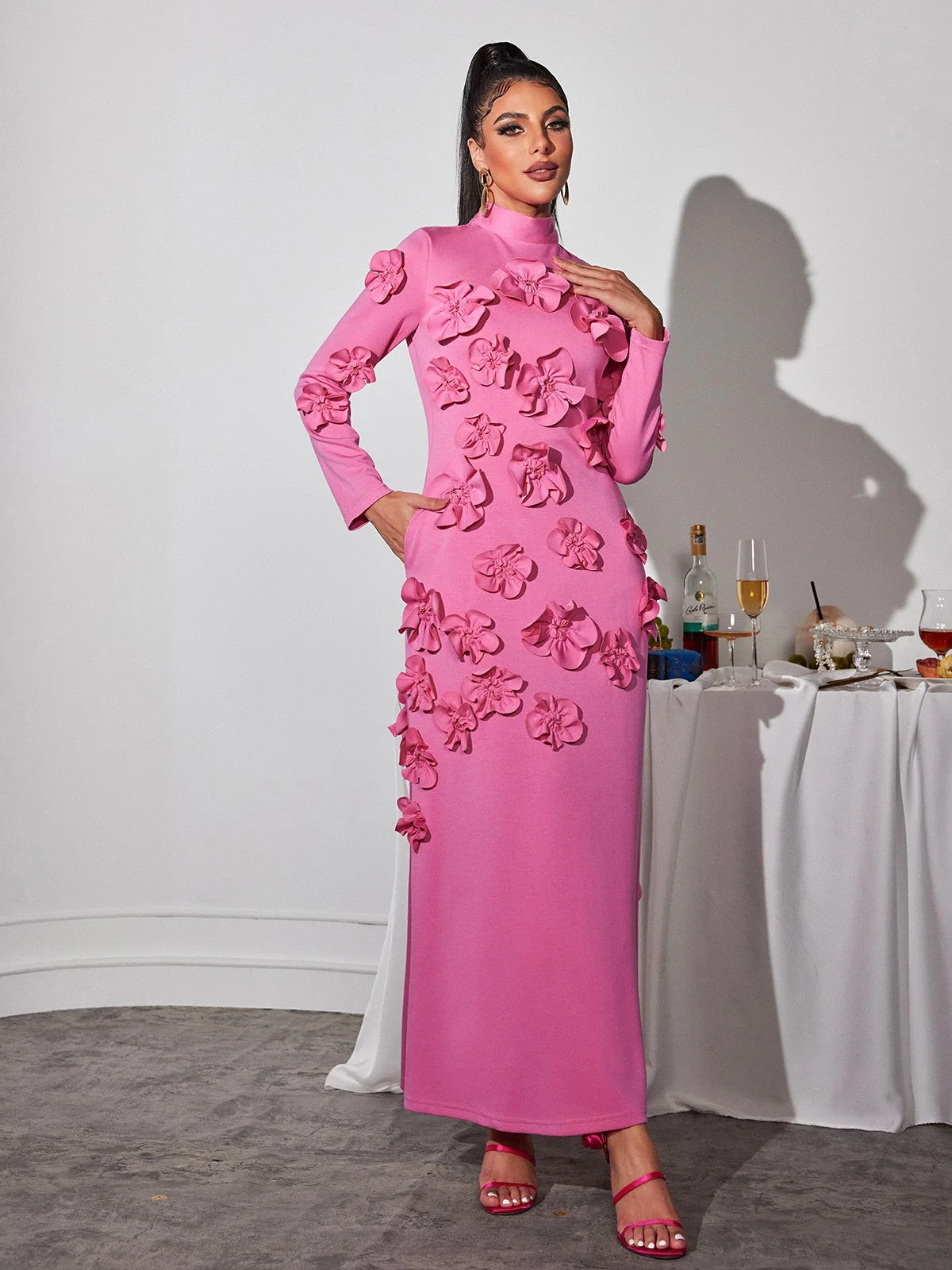 Floral Maxi Long Sleeve Dress Pink Elegant Style