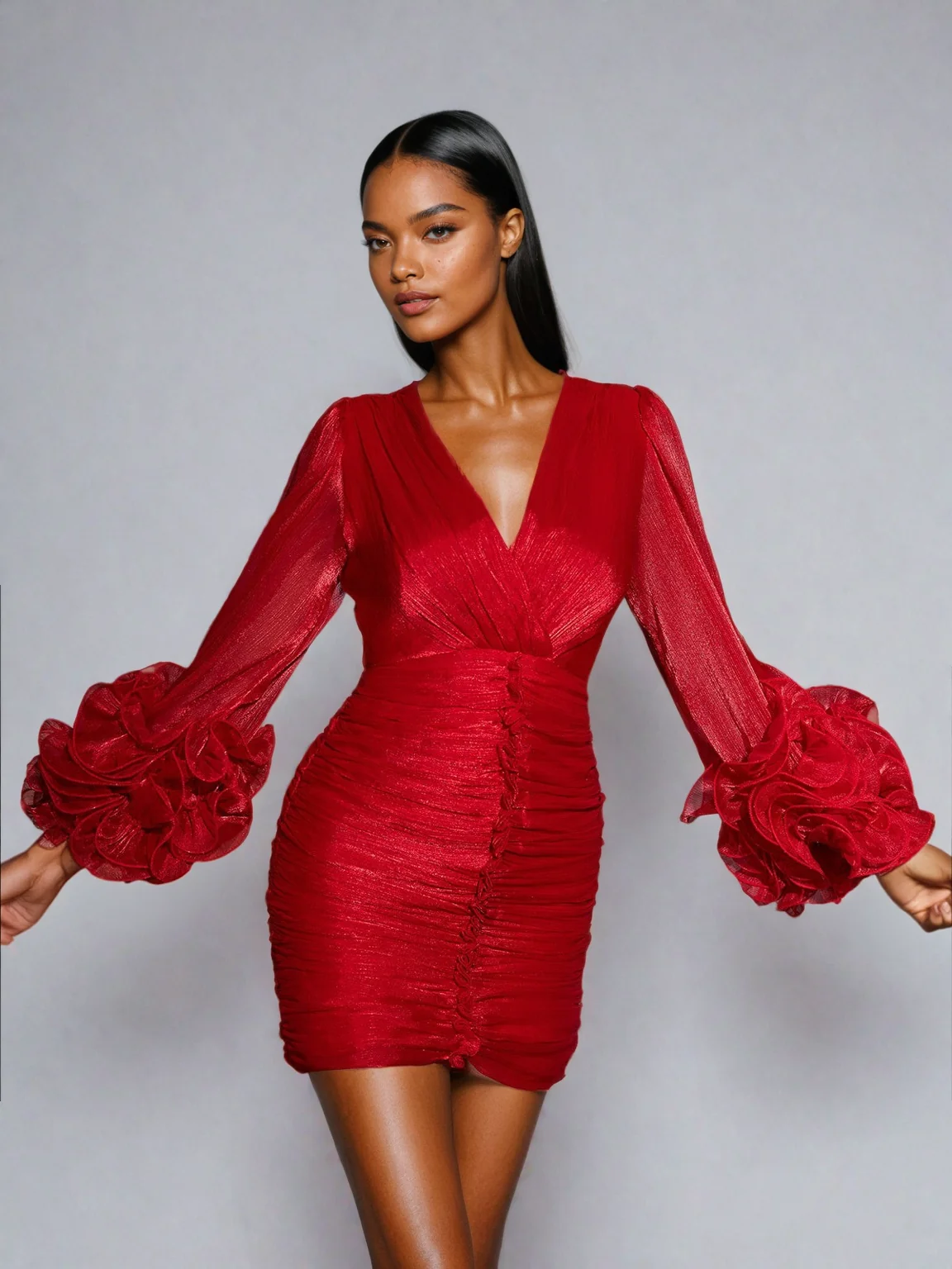 Red Ruched V Neck Mini Dress - Flattering Design