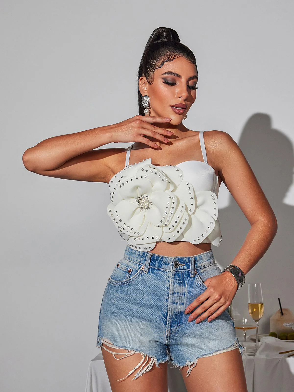Elegant Rhinestone Floral Spaghetti Strap Top in White