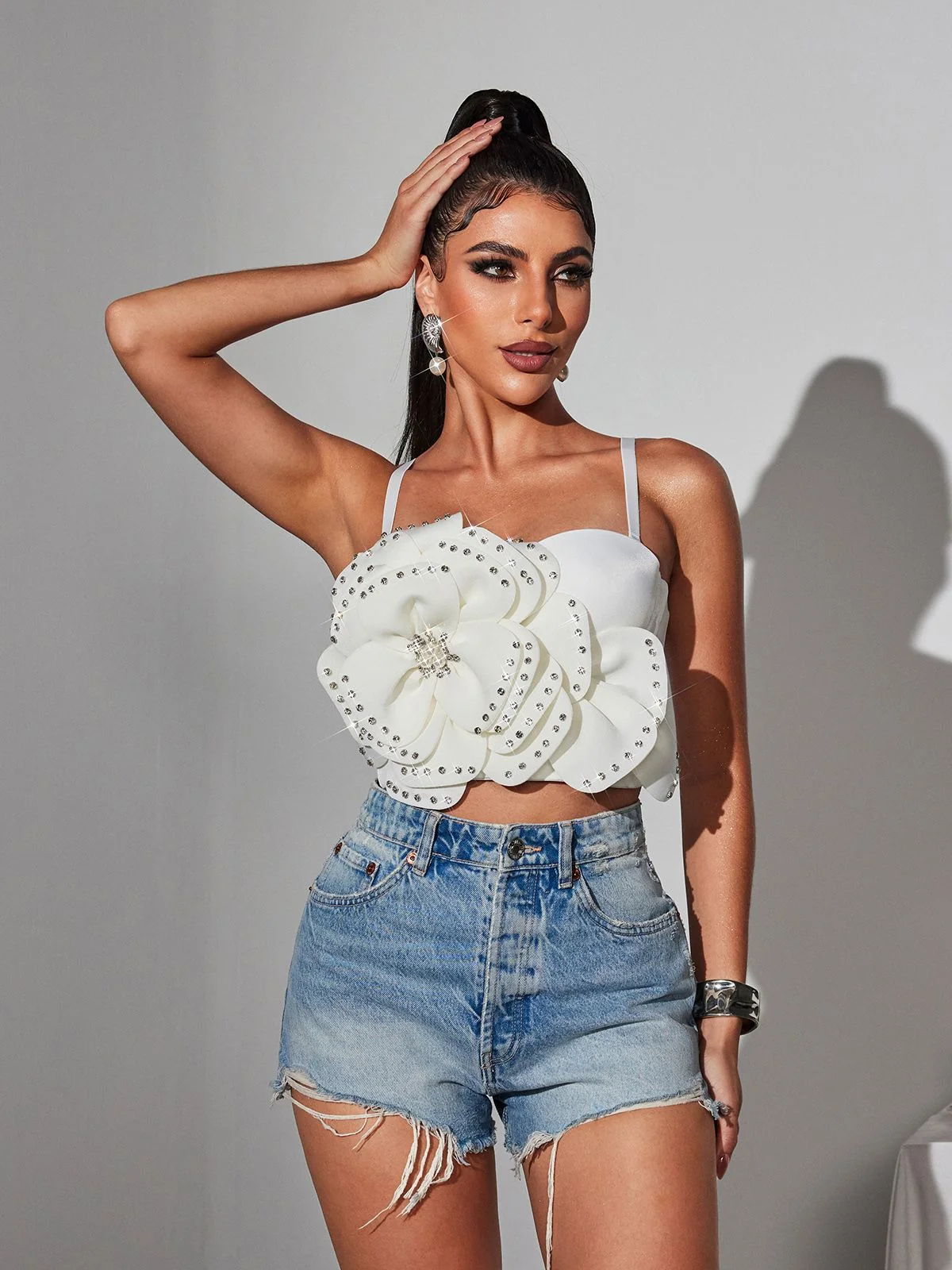 Elegant Rhinestone Floral Spaghetti Strap Top in White