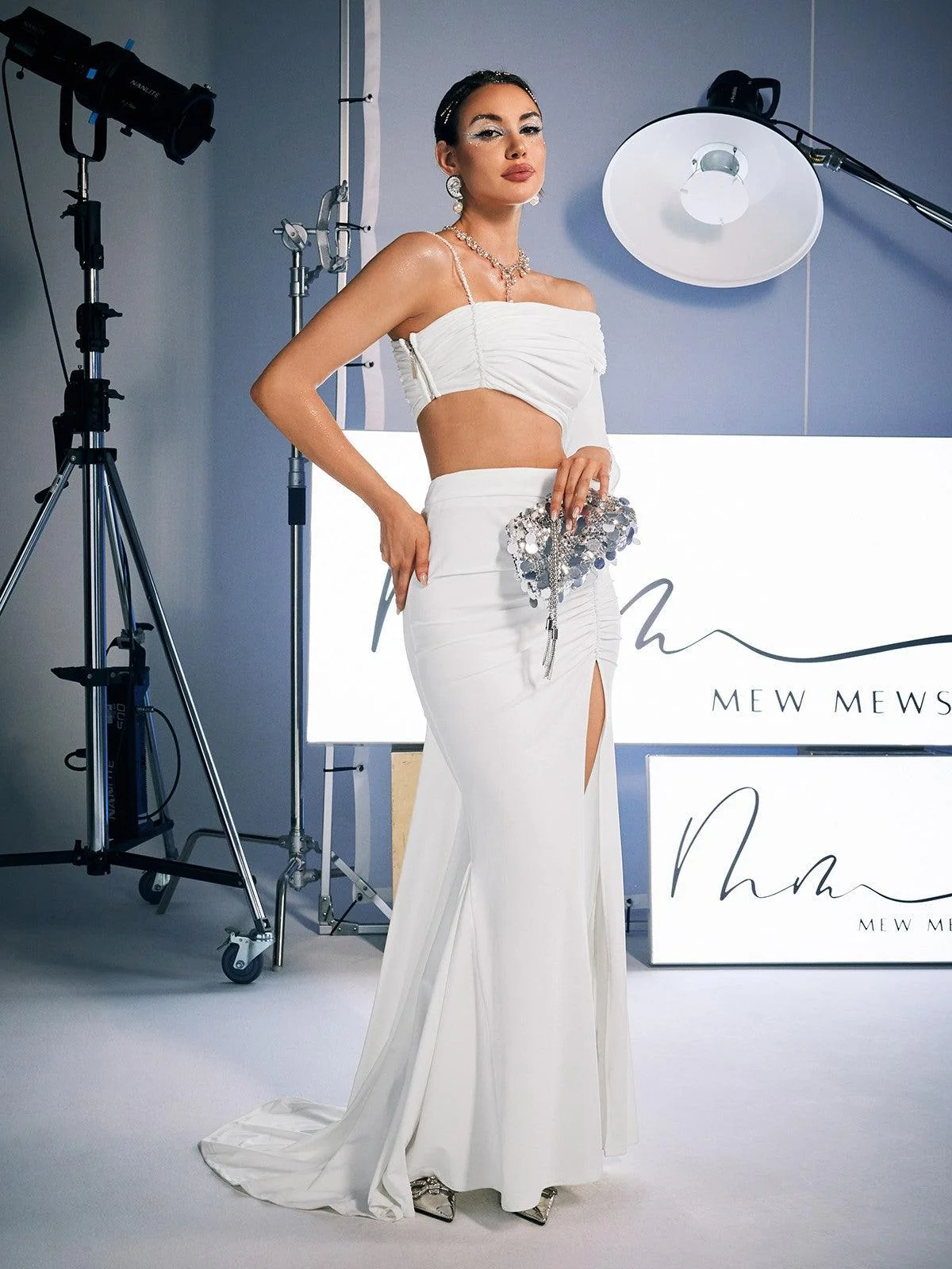 Ruched Split Skirt Set in White | Flattering Statement Style