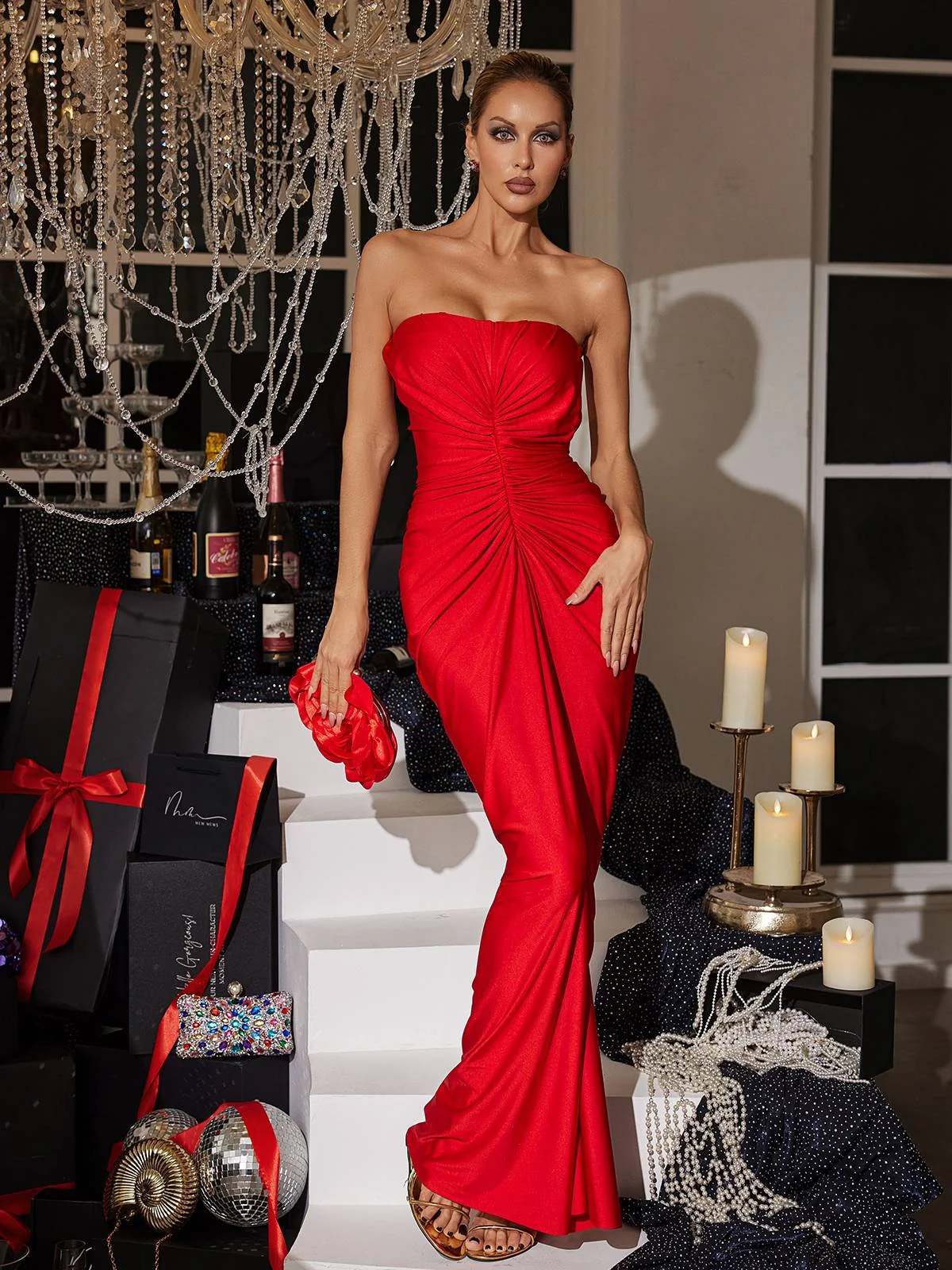 Elegant Red Satin Strapless Maxi Dress