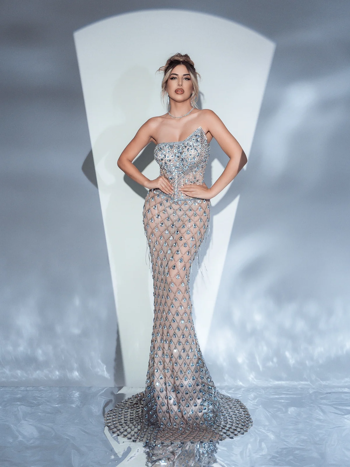 Elegant Rhinestone Mesh Maxi Dress with Strapless Design