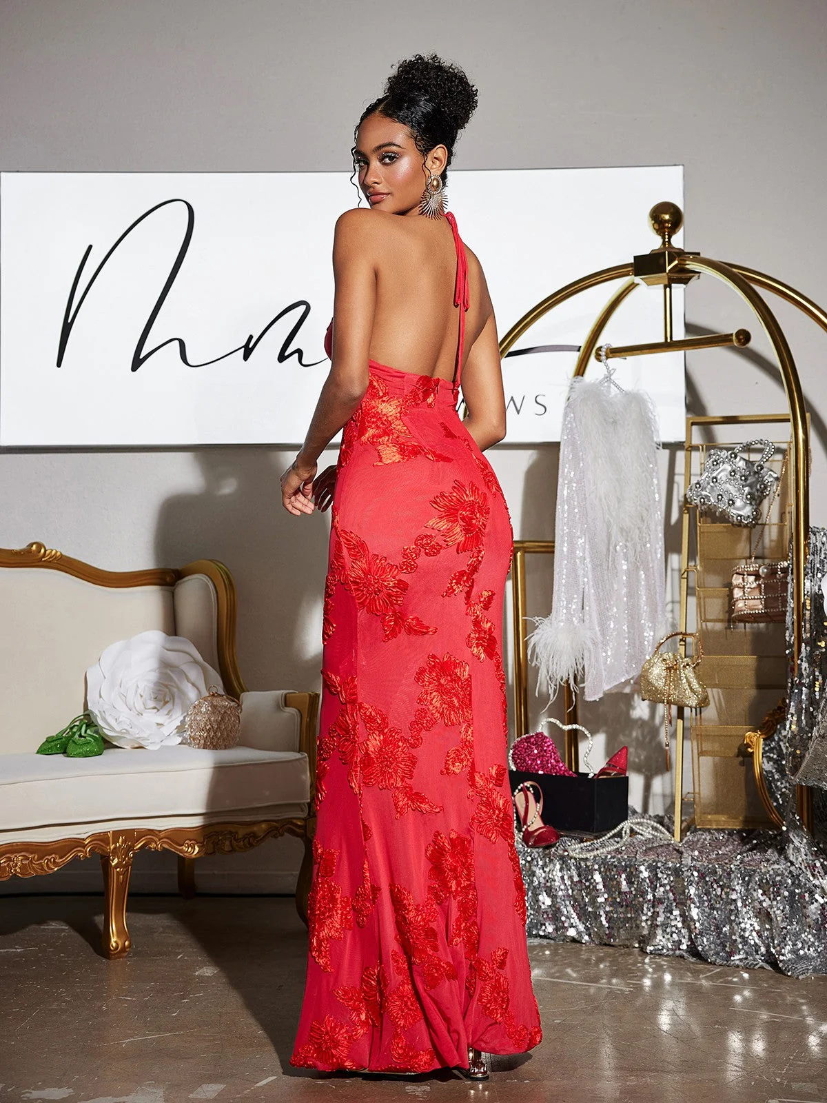 Red Floral Halterneck Maxi Dress for Women