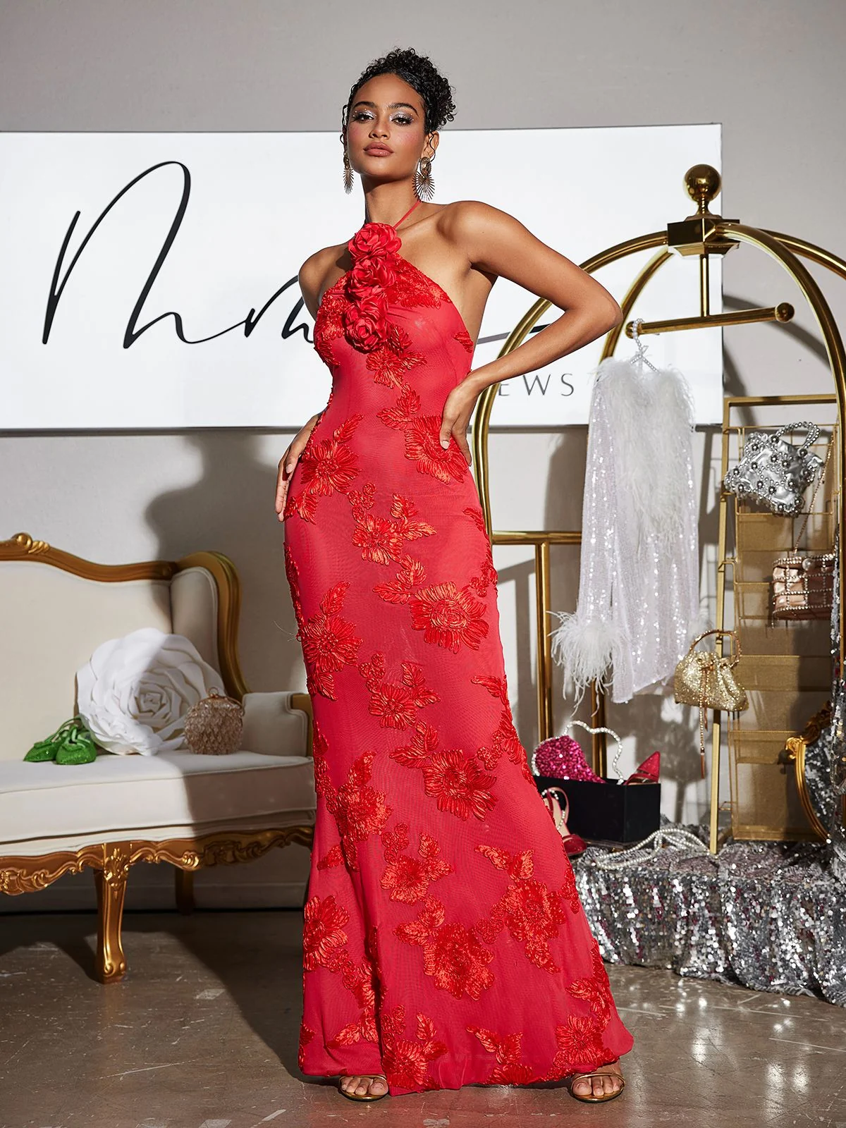 Red Floral Halterneck Maxi Dress for Women