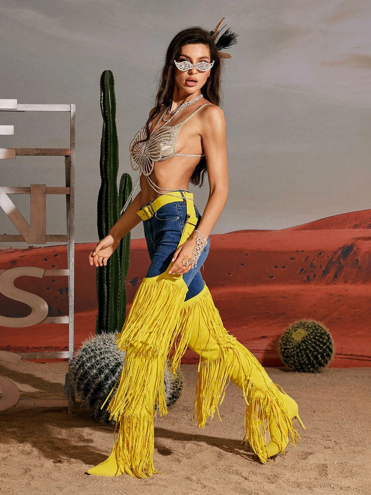 Yellow Denim Fringe Boots | Stylish Womens Footwear