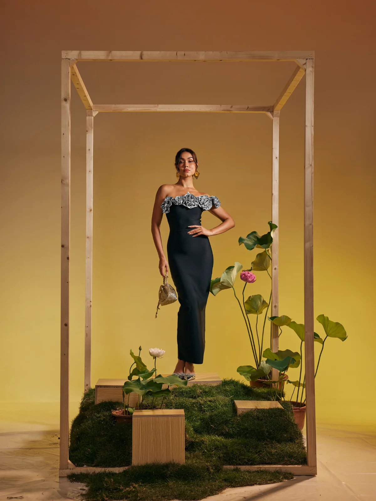 Silver One Shoulder Floral Bandage Maxi Dress