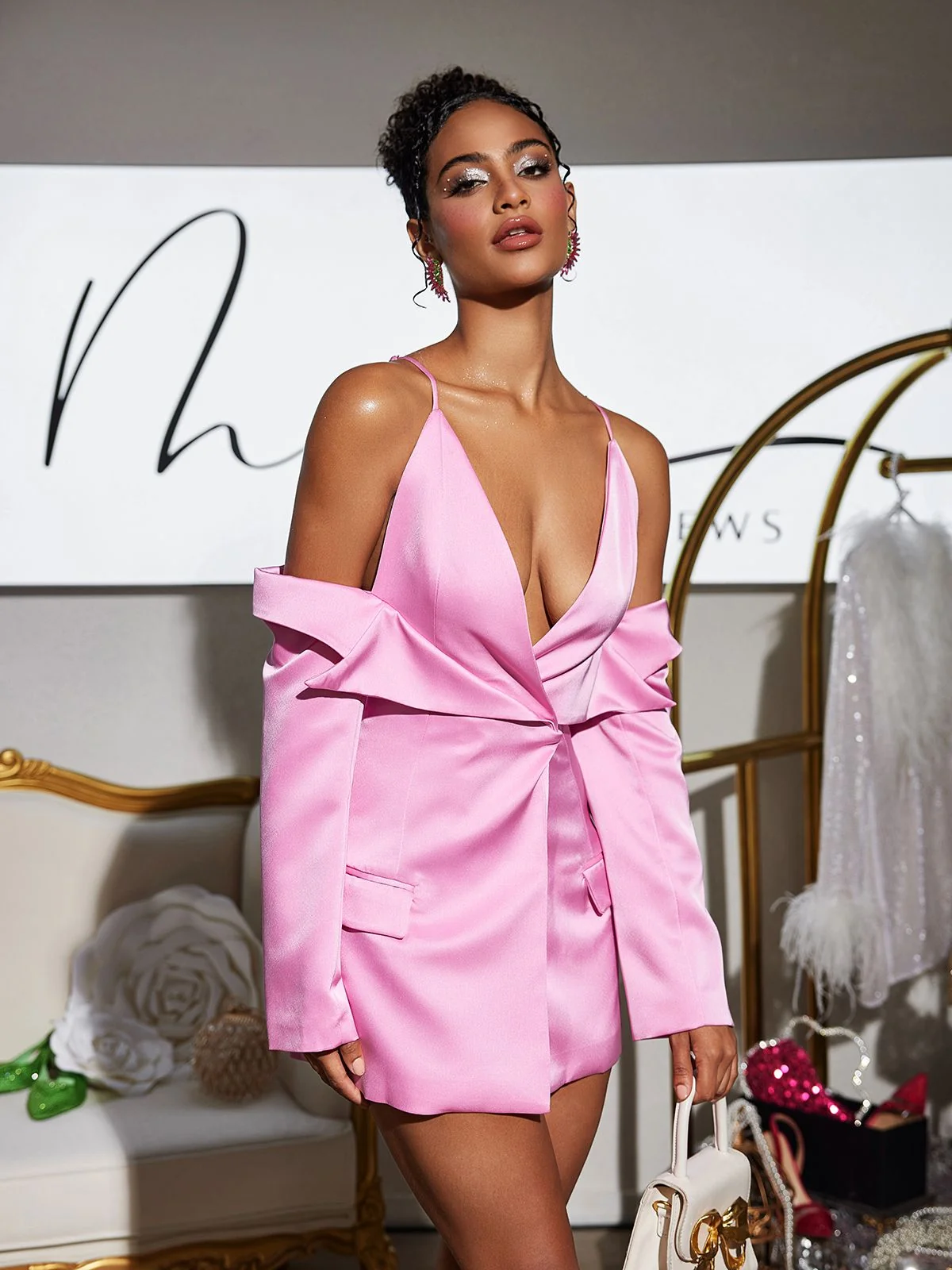 Elegant Vila Satin Blazer with Plunging Neckline