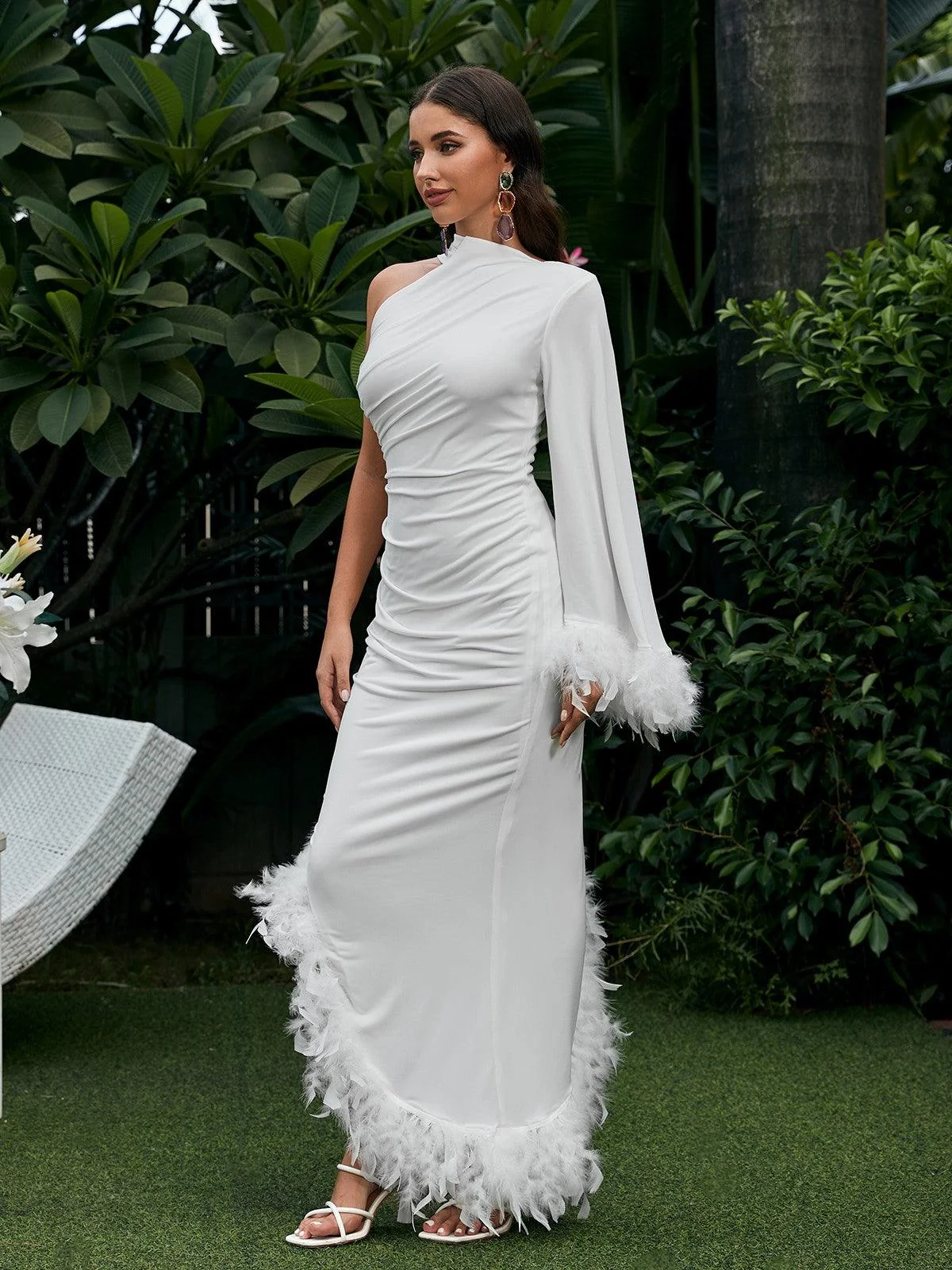 White One Shoulder Feather Kaftan Dress