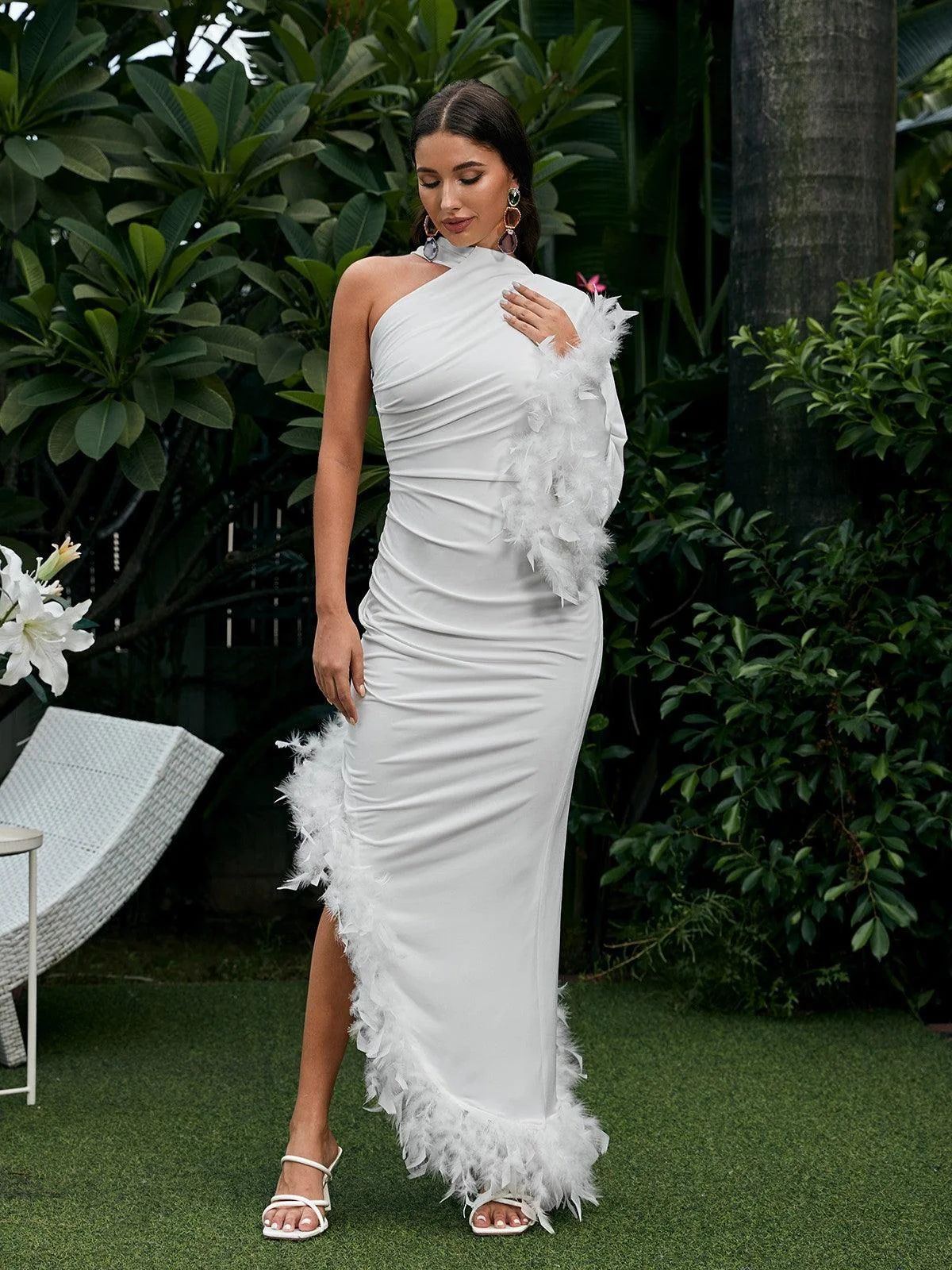 White One Shoulder Feather Kaftan Dress