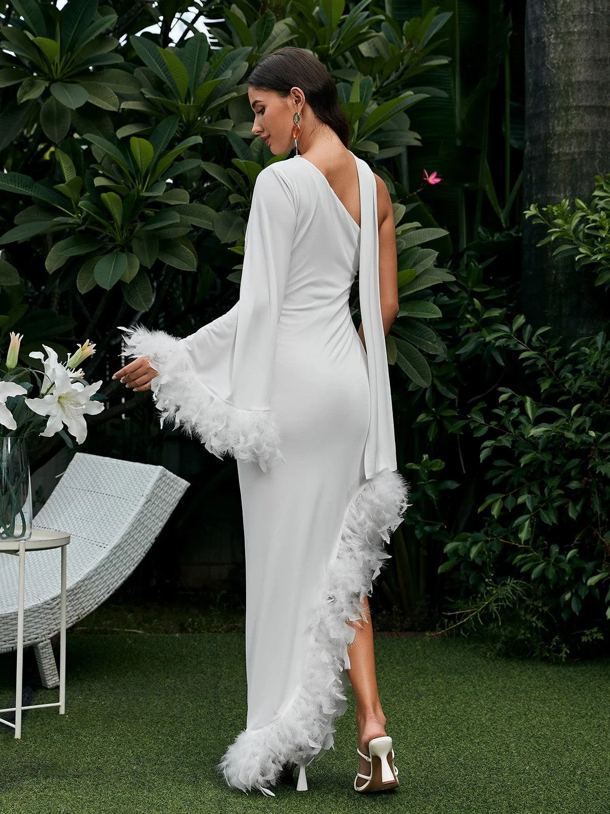 White One Shoulder Feather Kaftan Dress