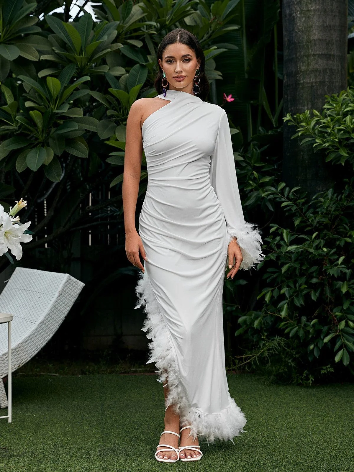 White One Shoulder Feather Kaftan Dress