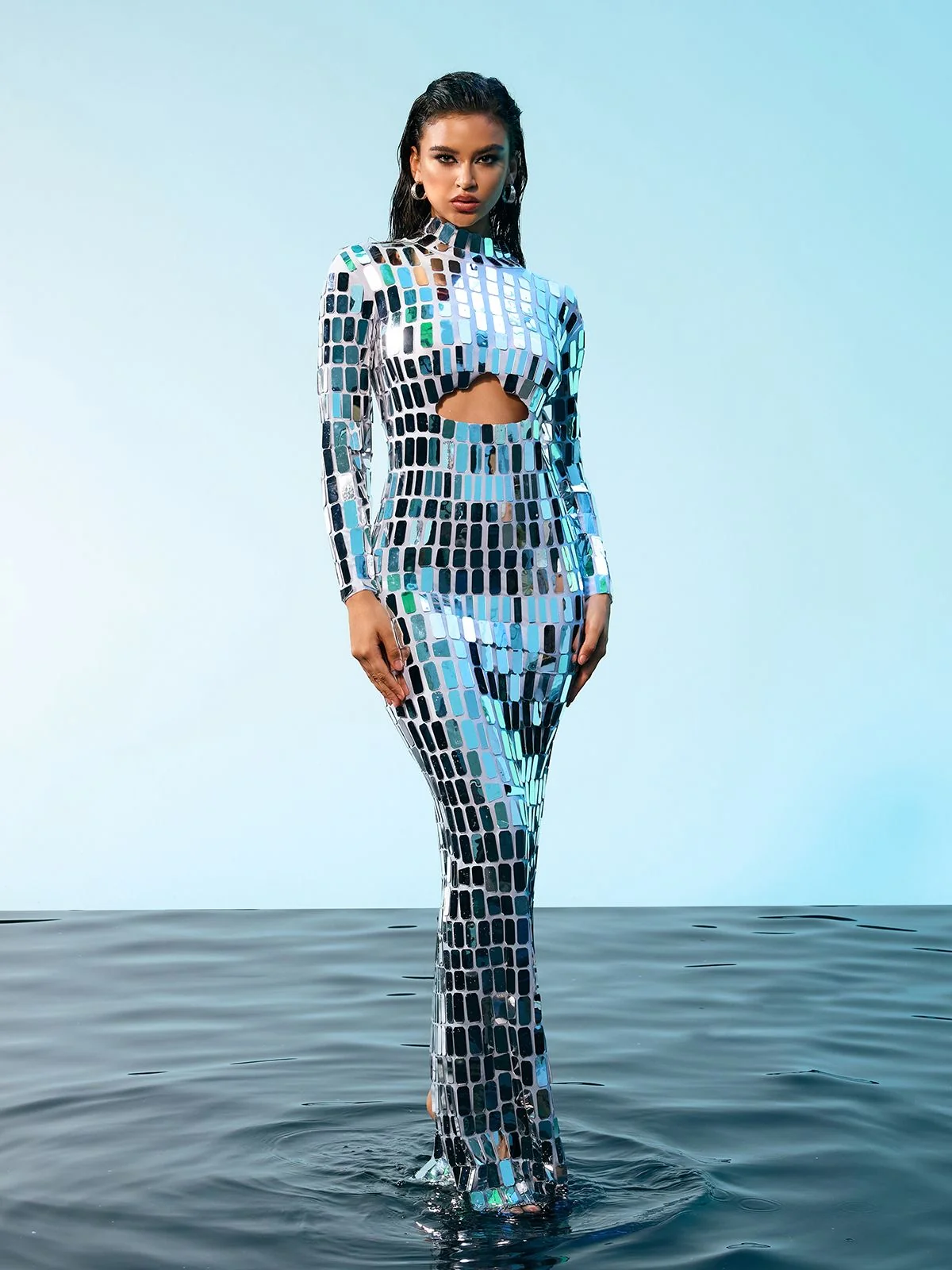 Embellished Silver Sequin Maxi Dress with Cutout Details