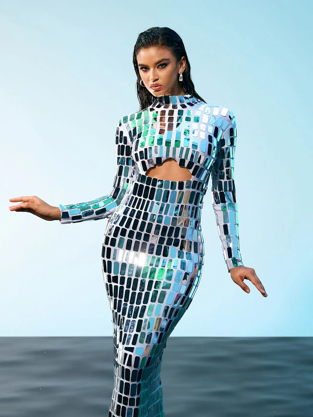 Embellished Silver Sequin Maxi Dress with Cutout Details