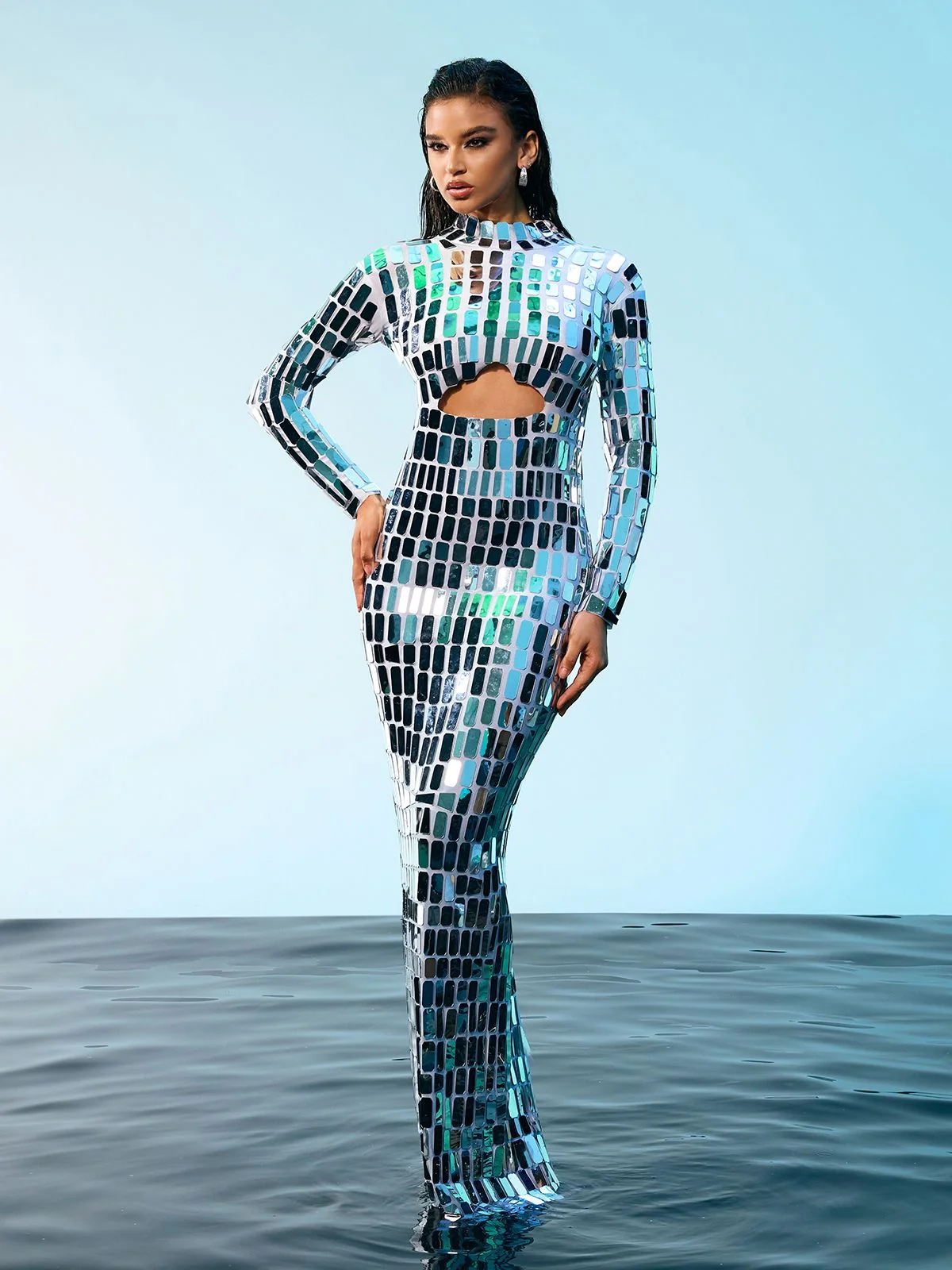 Embellished Silver Sequin Maxi Dress with Cutout Details