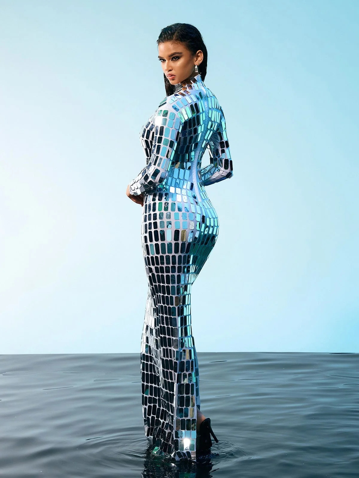 Embellished Silver Sequin Maxi Dress with Cutout Details