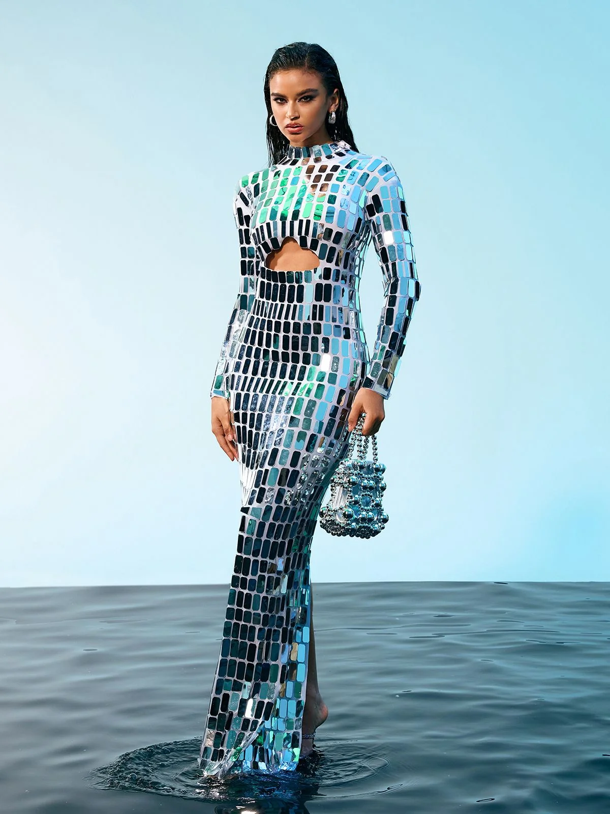 Embellished Silver Sequin Maxi Dress with Cutout Details