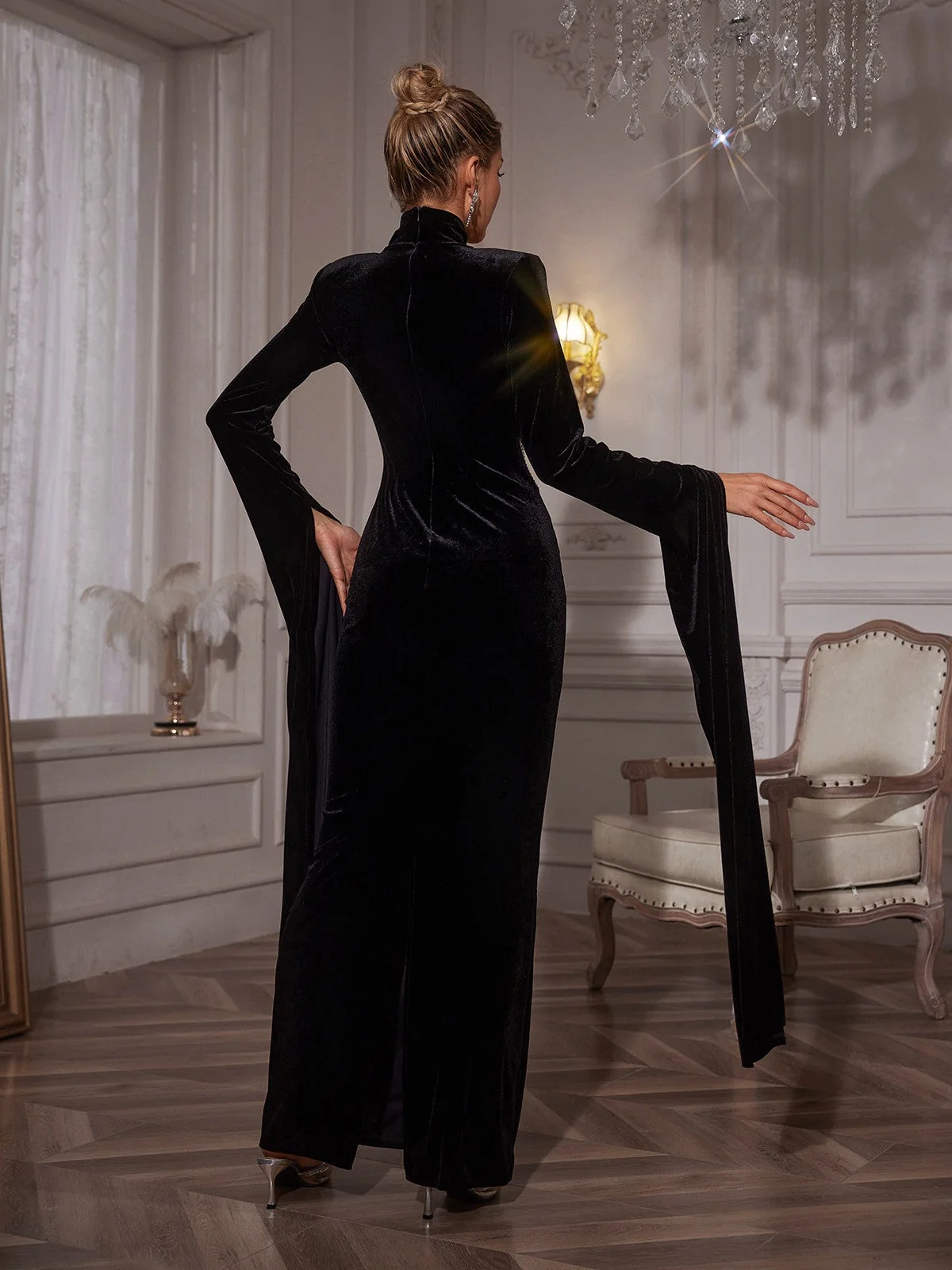 Black Velvet Rhinestone Maxi Dress - Elegant Patchwork Design