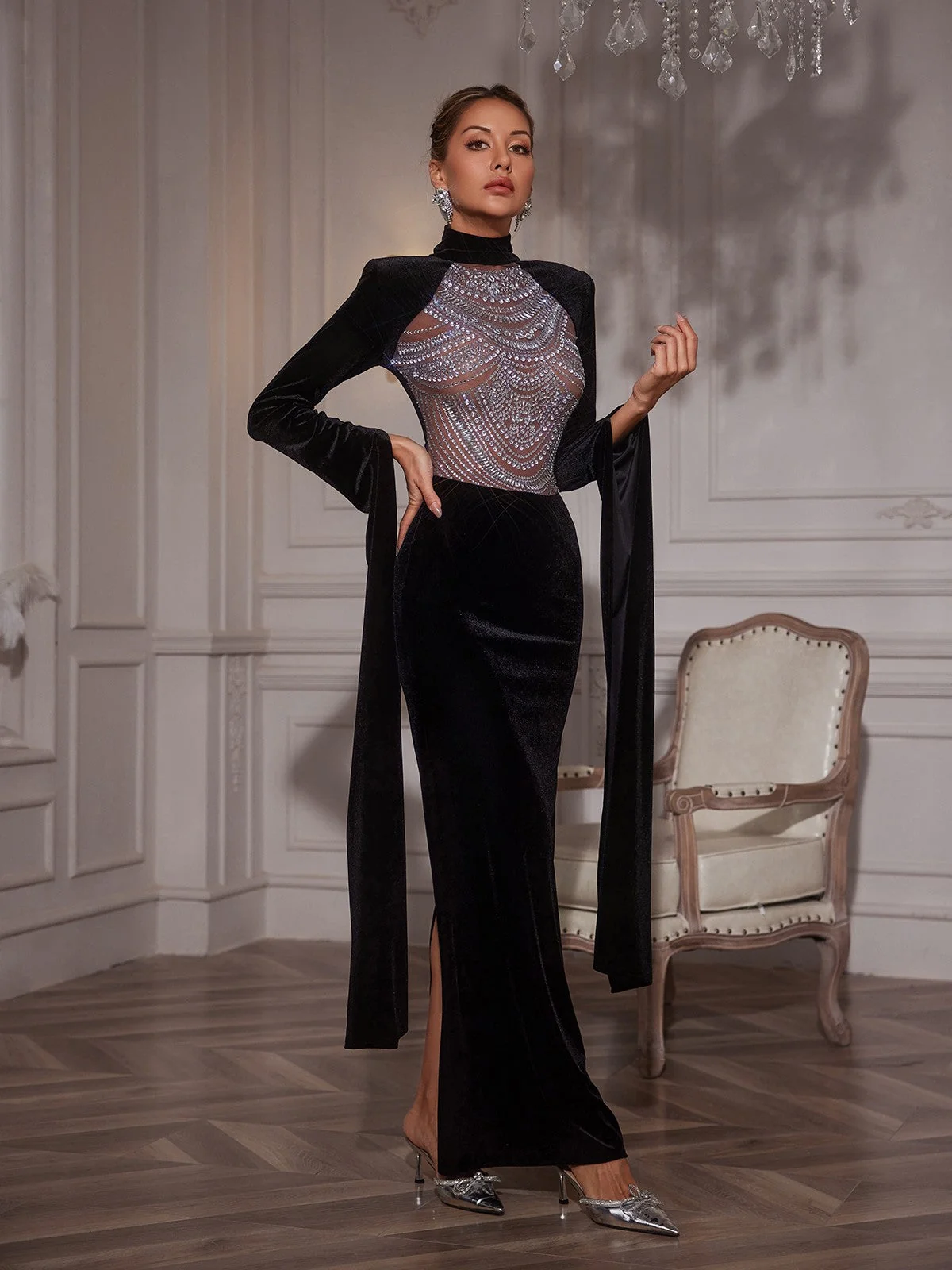 Black Velvet Rhinestone Maxi Dress - Elegant Patchwork Design