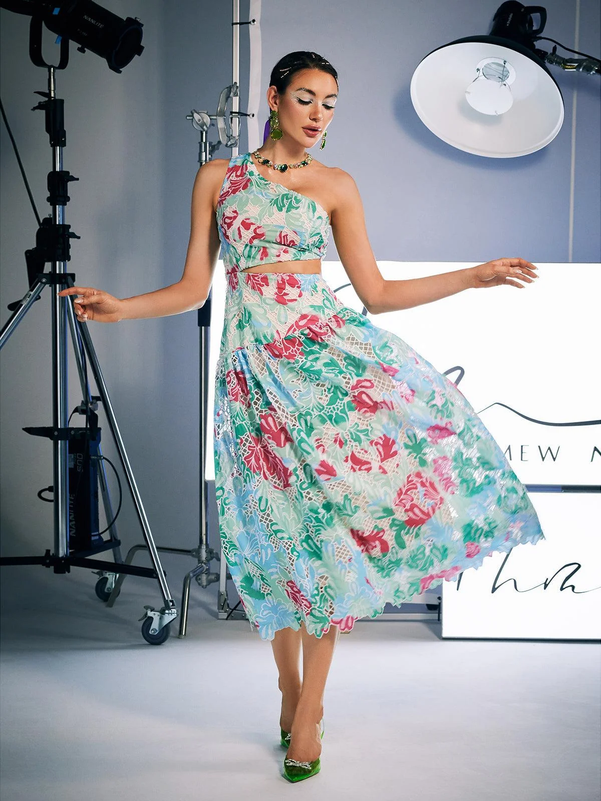 Embroidered One Shoulder Dress - Elegant Floral Print