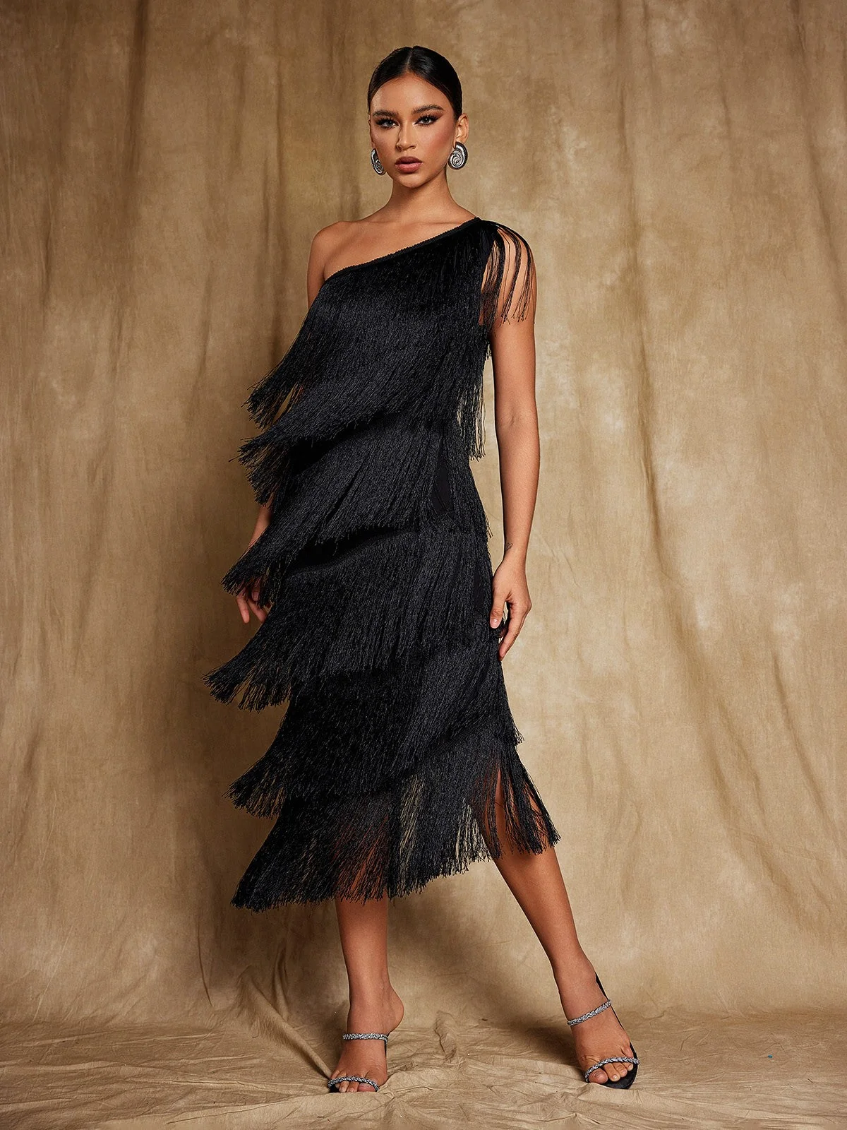 Black Fringe Midi Dress with One Shoulder Detail
