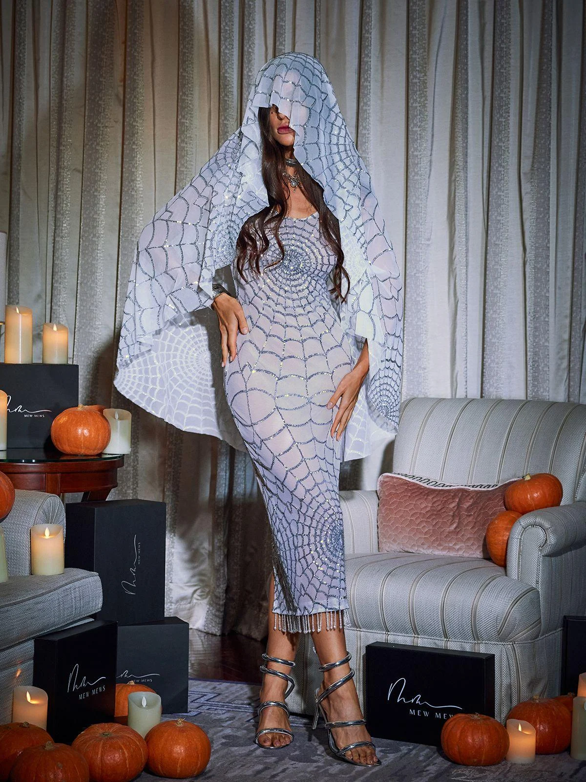 White Cobweb Sequin Midi Dress - Elegant Party Wear