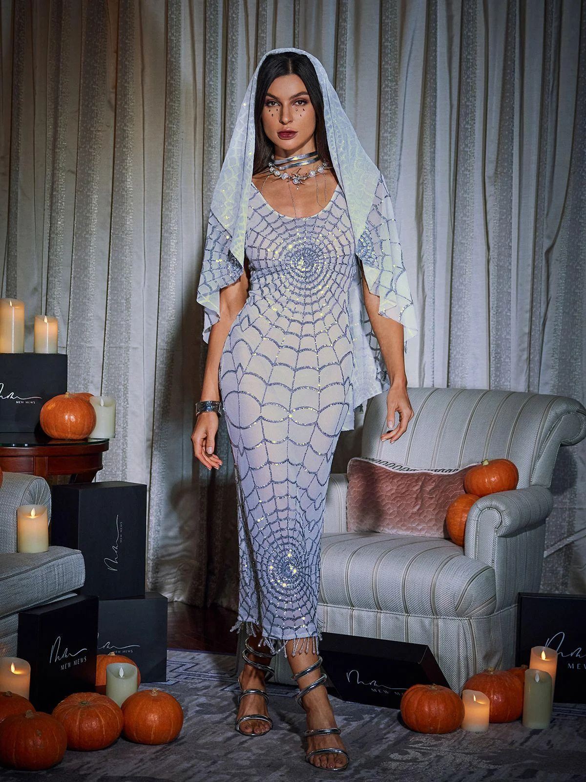 White Cobweb Sequin Midi Dress - Elegant Party Wear