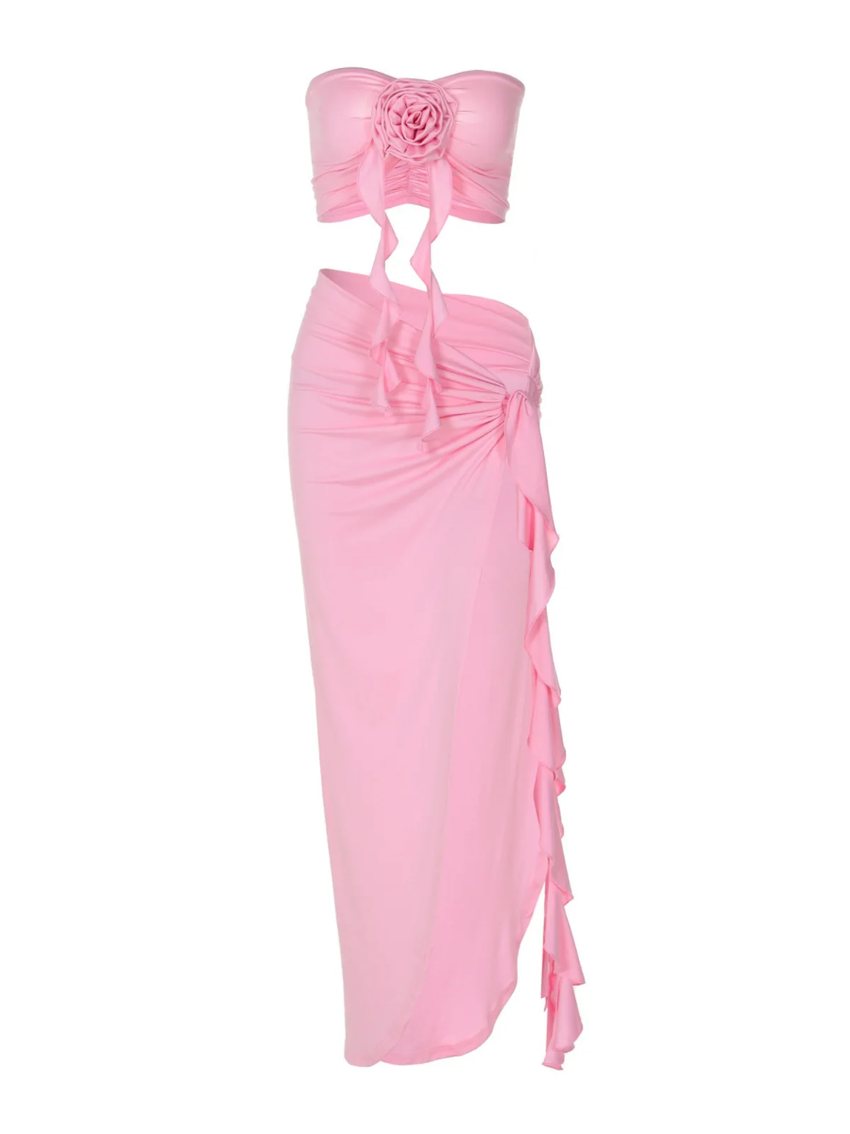 Pink Floral Draped Split Skirt Set with Flair - Elegant Style