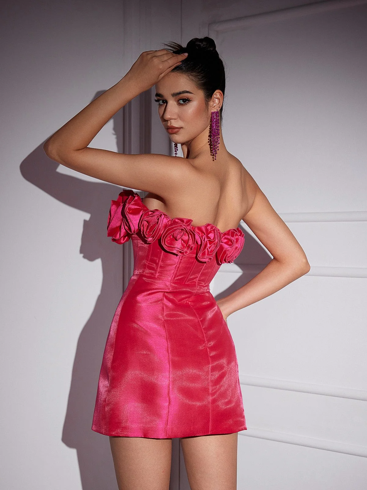 Elegant Satin Strapless Flower Mini Dress