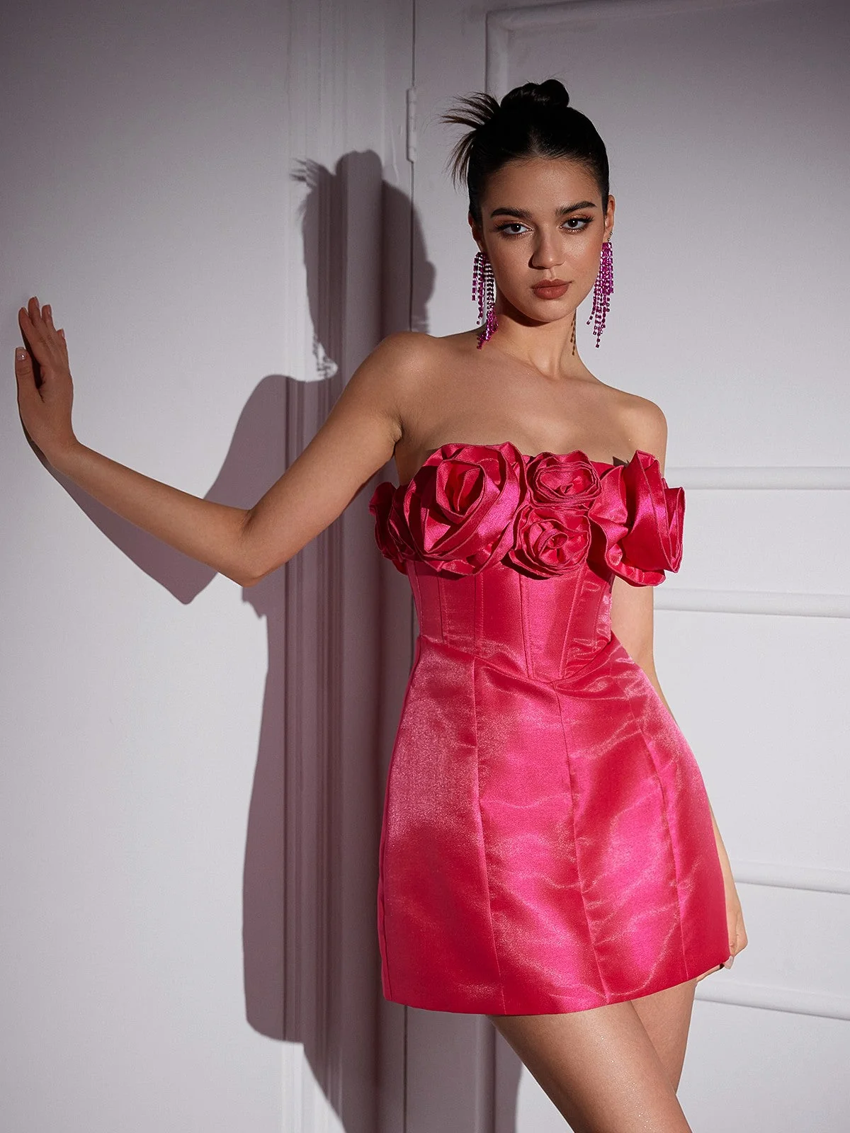 Elegant Satin Strapless Flower Mini Dress