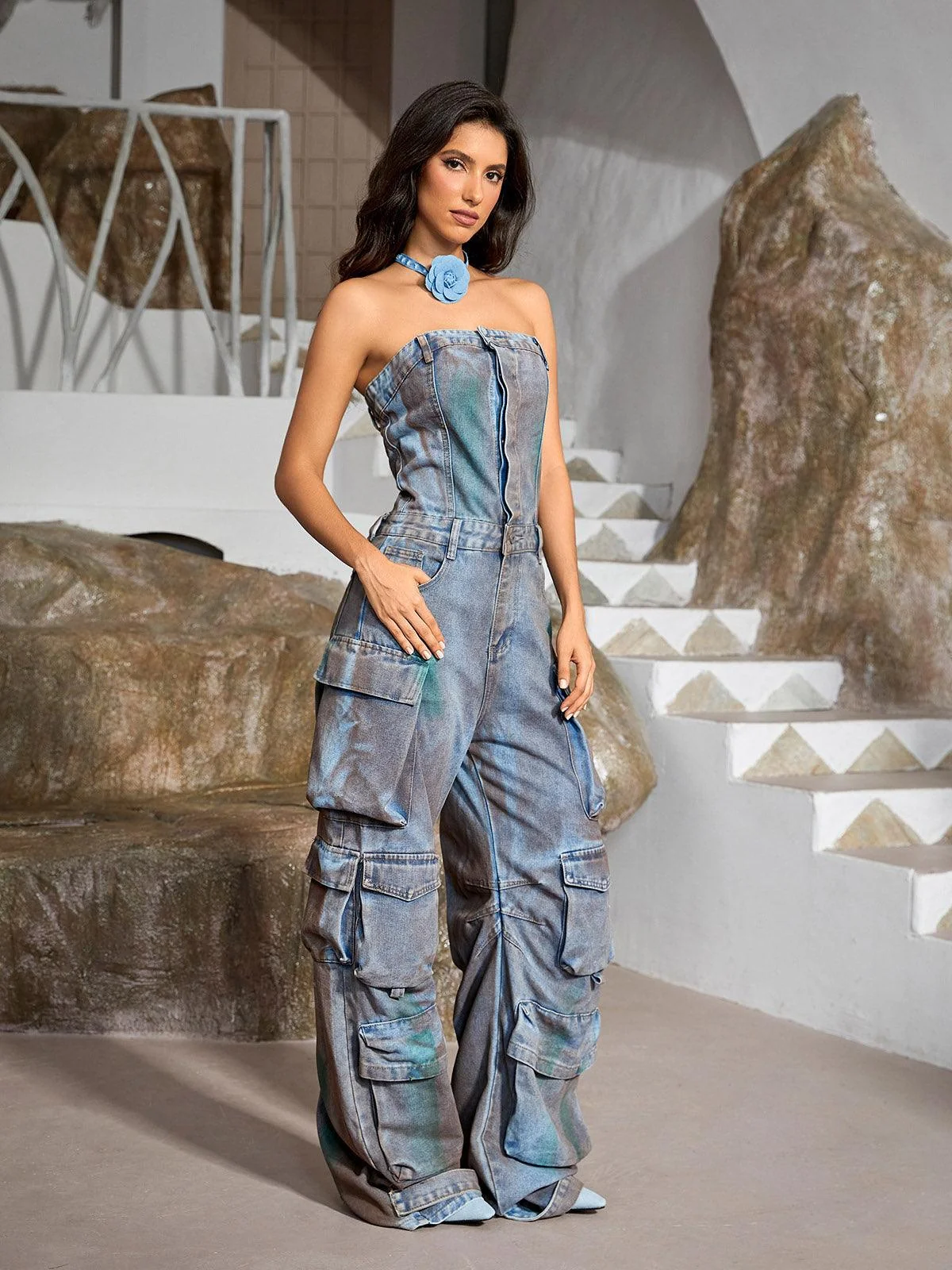 Green Denim Strapless Jumpsuit with Pockets