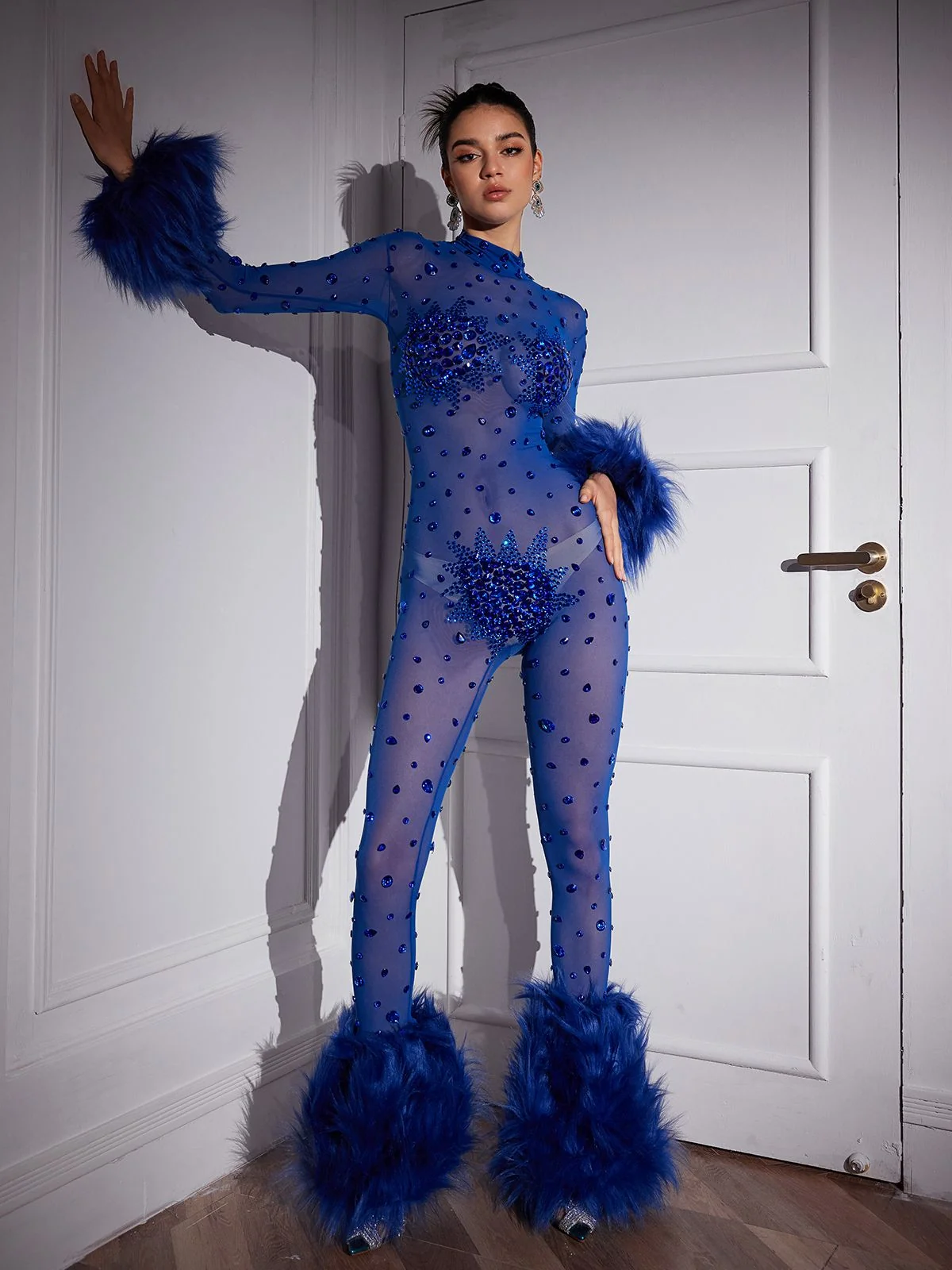 Luxurious Feather Trimmed Rhinestone Mesh Black Jumpsuit