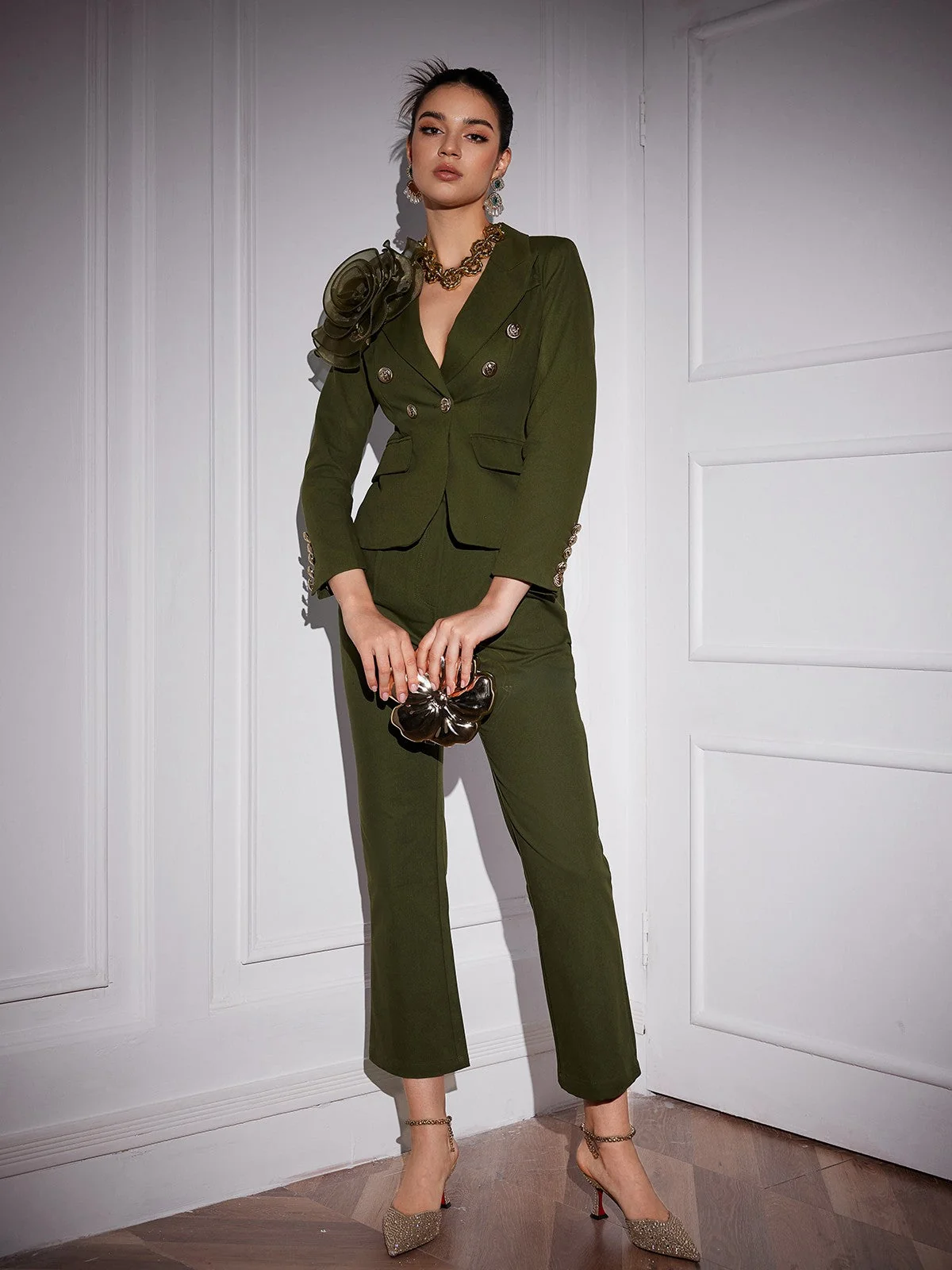 Elegant Tulle Flower Button Blazer Set in Halcyon Color