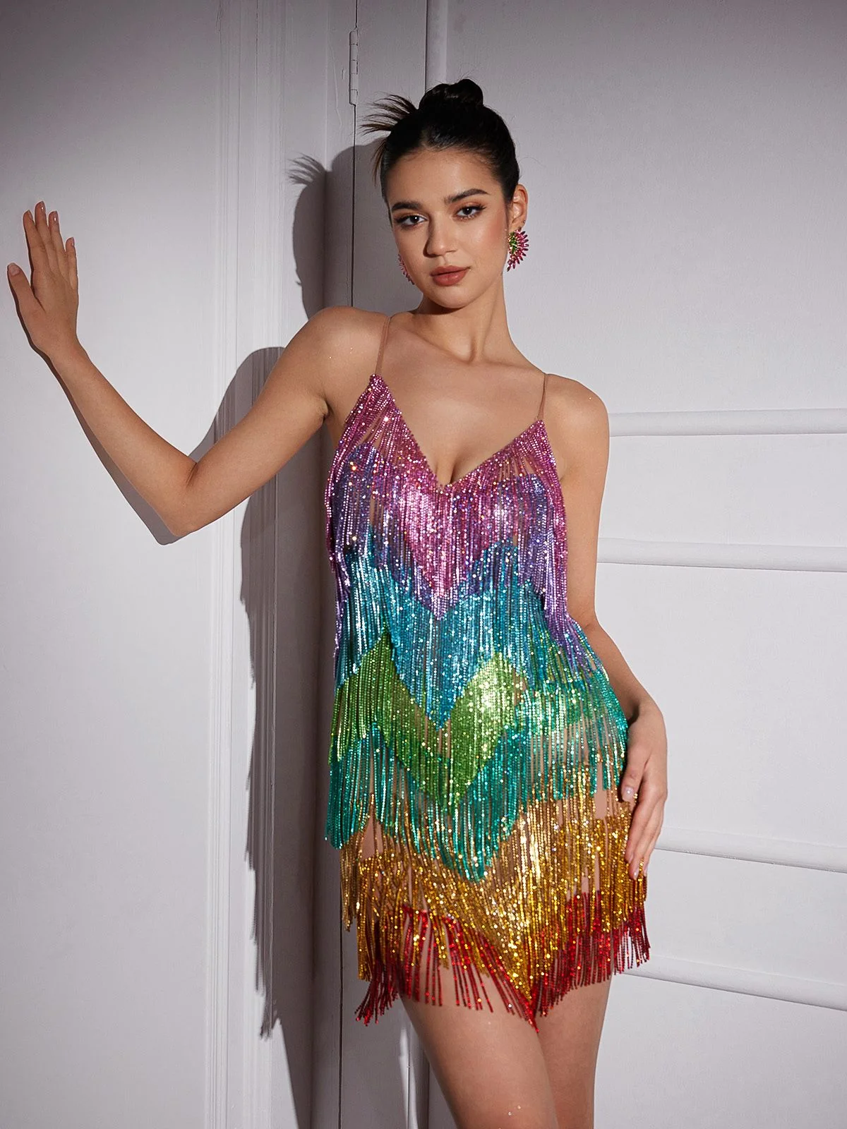 Rainbow Crystal Fringe Mini Dress - Party & Special Occasions