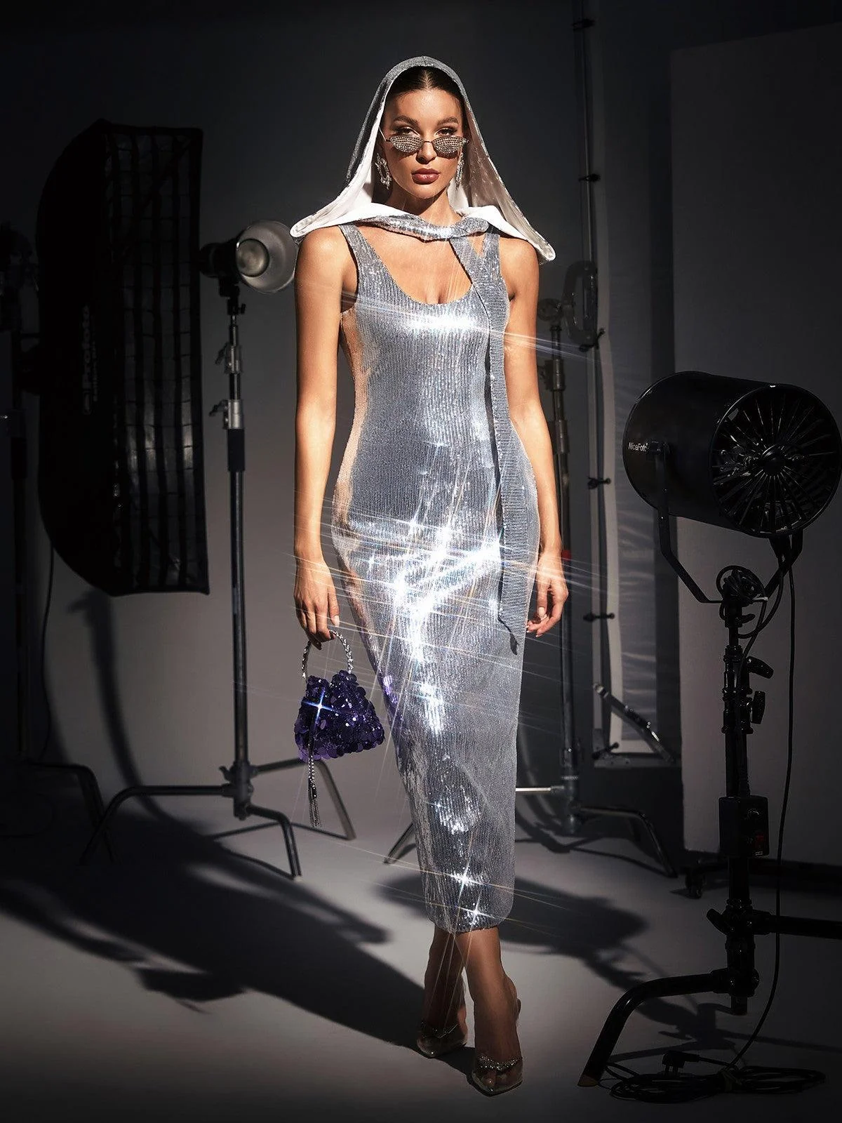 Silver Sequin Hooded Dress for Partywear - S Size