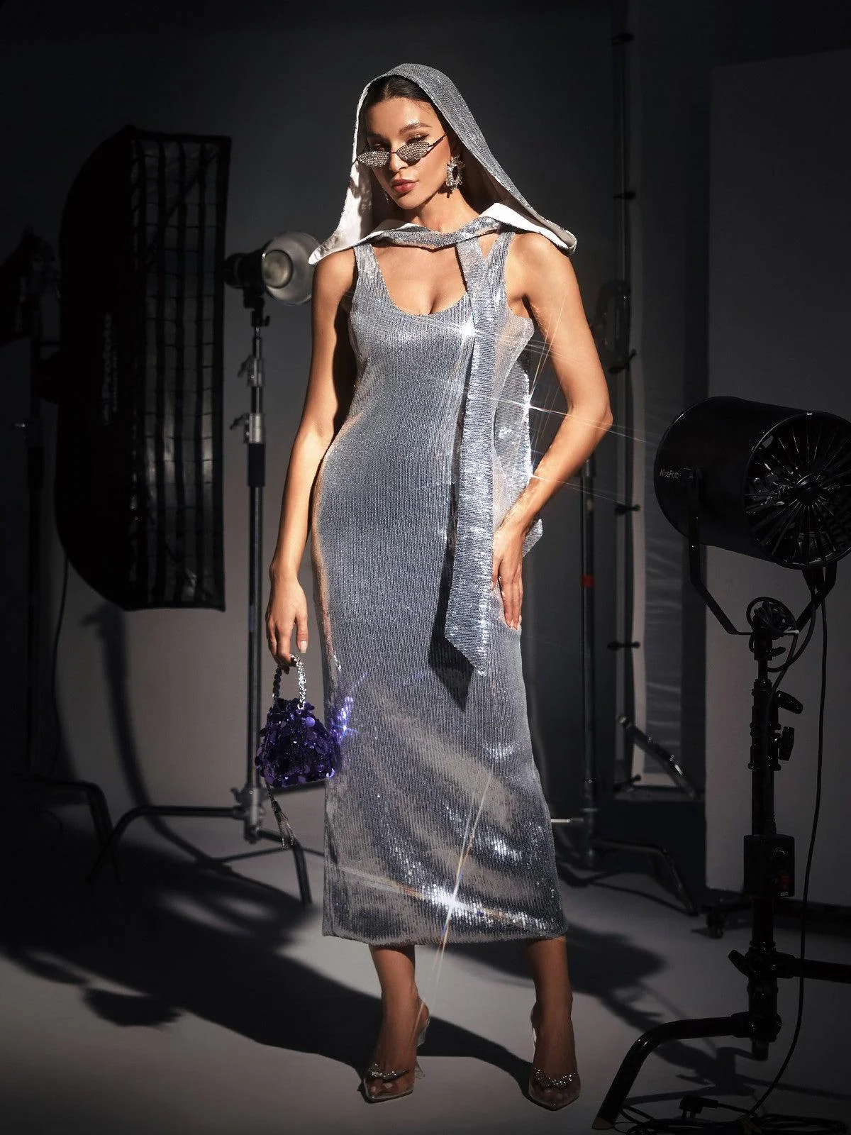 Silver Sequin Hooded Dress for Partywear - S Size
