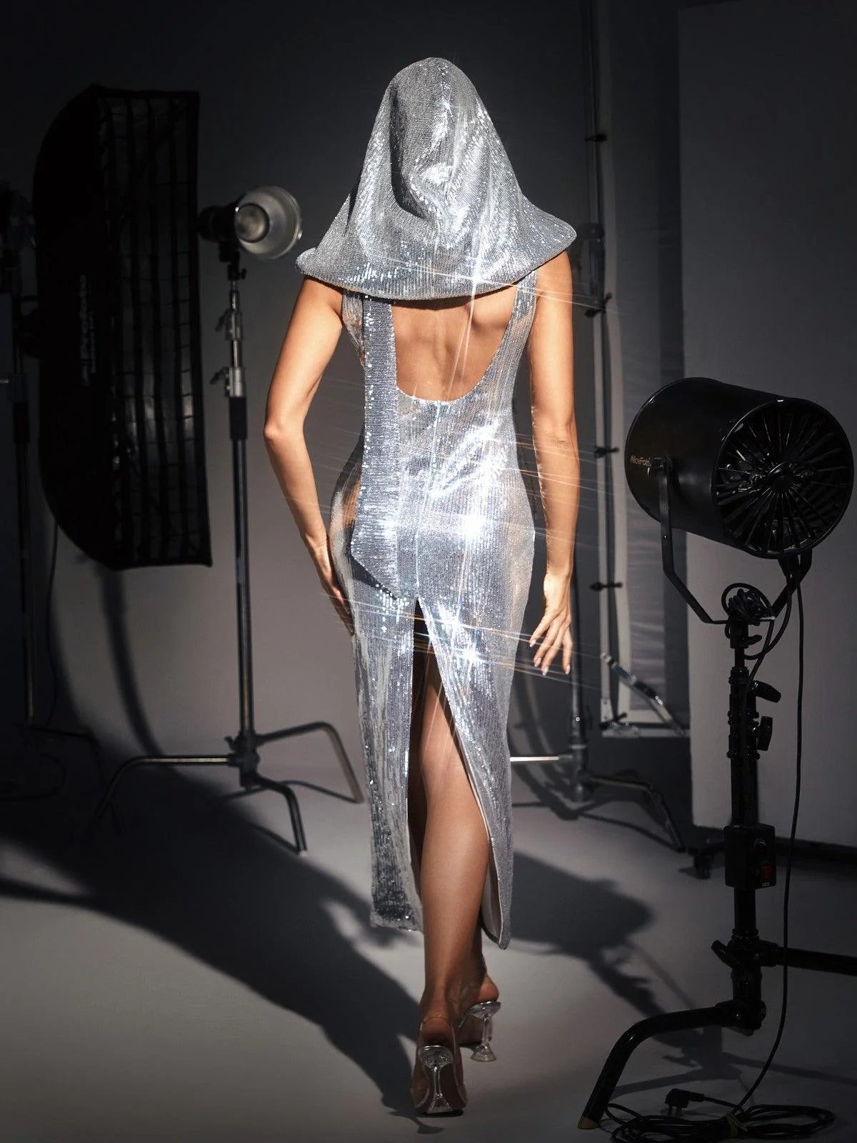 Silver Sequin Hooded Dress for Partywear - S Size