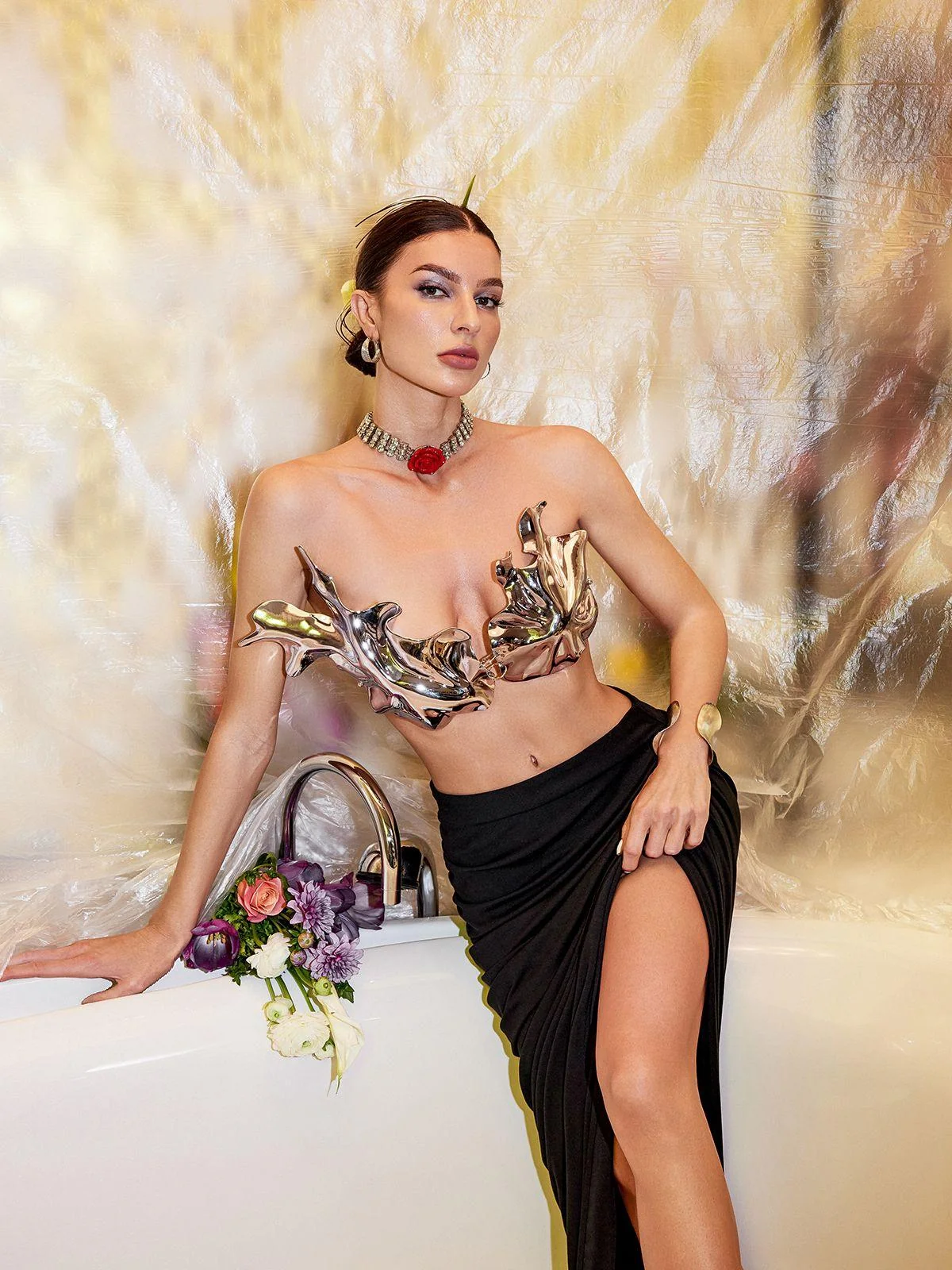 Metallic Leafy Armor Top in Silver | Alvaro Style