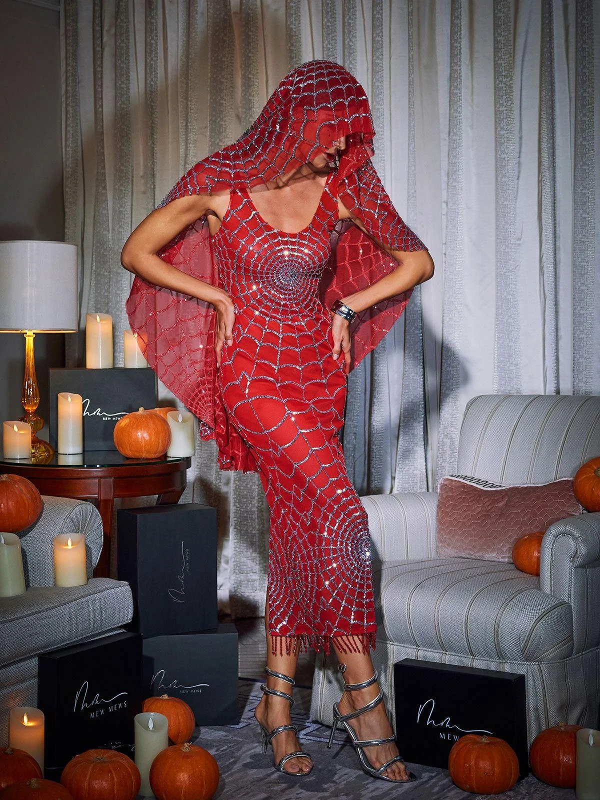 Red Sequin Cobweb Midi Dress with Scoop Neck