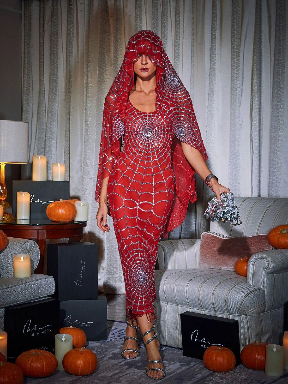 Red Sequin Cobweb Midi Dress with Scoop Neck