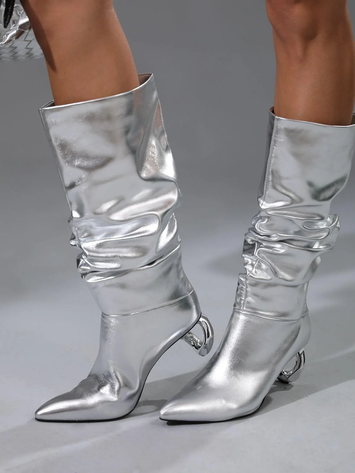 Silver Leather Boots - Stylish Pointed Toe Heeled Shoes