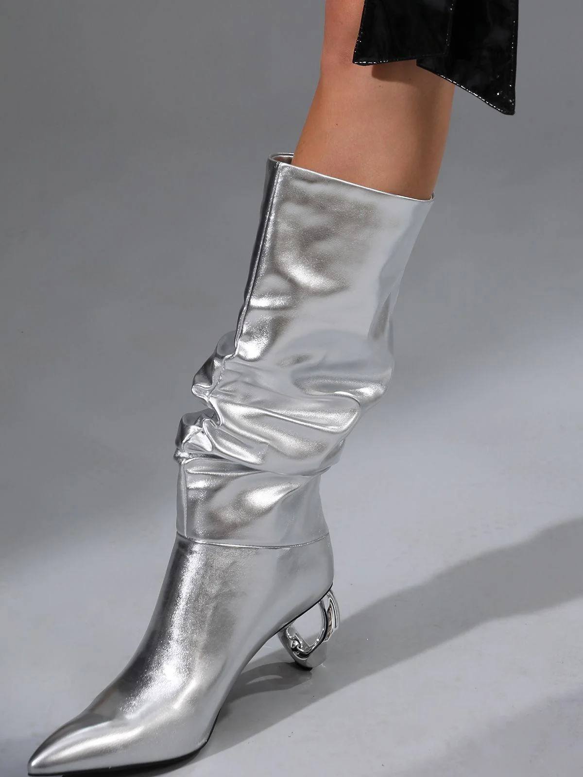 Silver Leather Boots - Stylish Pointed Toe Heeled Shoes