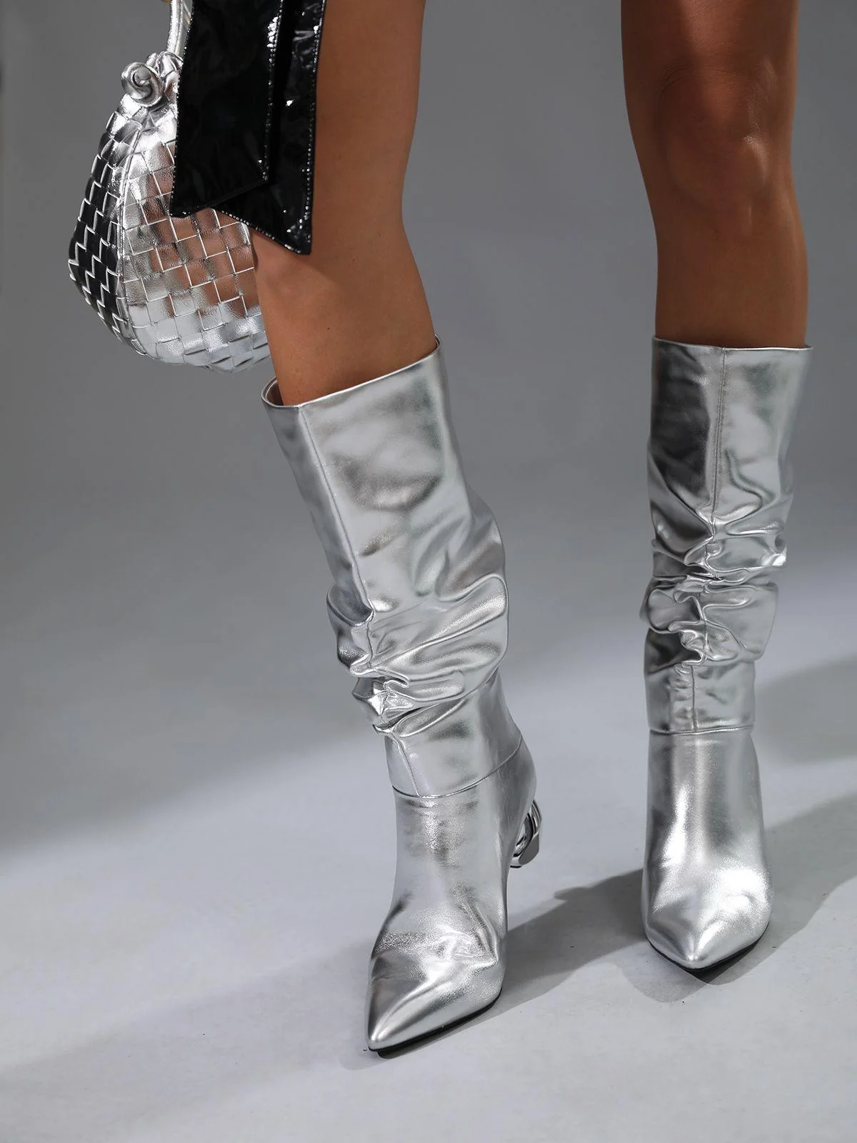 Silver Leather Boots - Stylish Pointed Toe Heeled Shoes