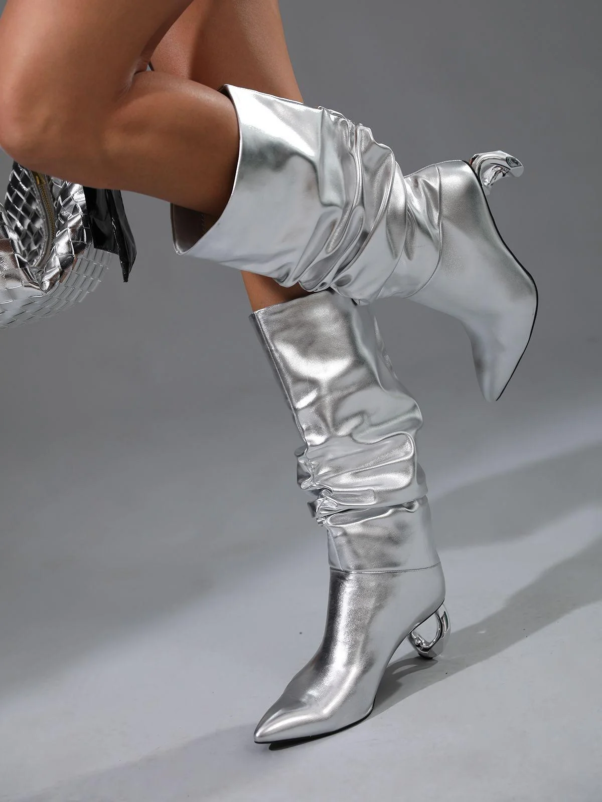 Silver Leather Boots - Stylish Pointed Toe Heeled Shoes