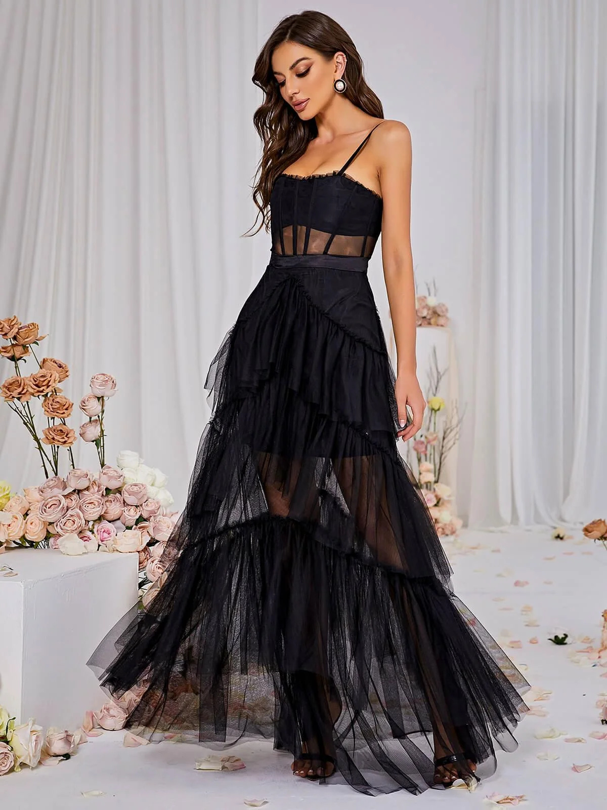 Black Mesh Maxi Dress with Ruched Detailing